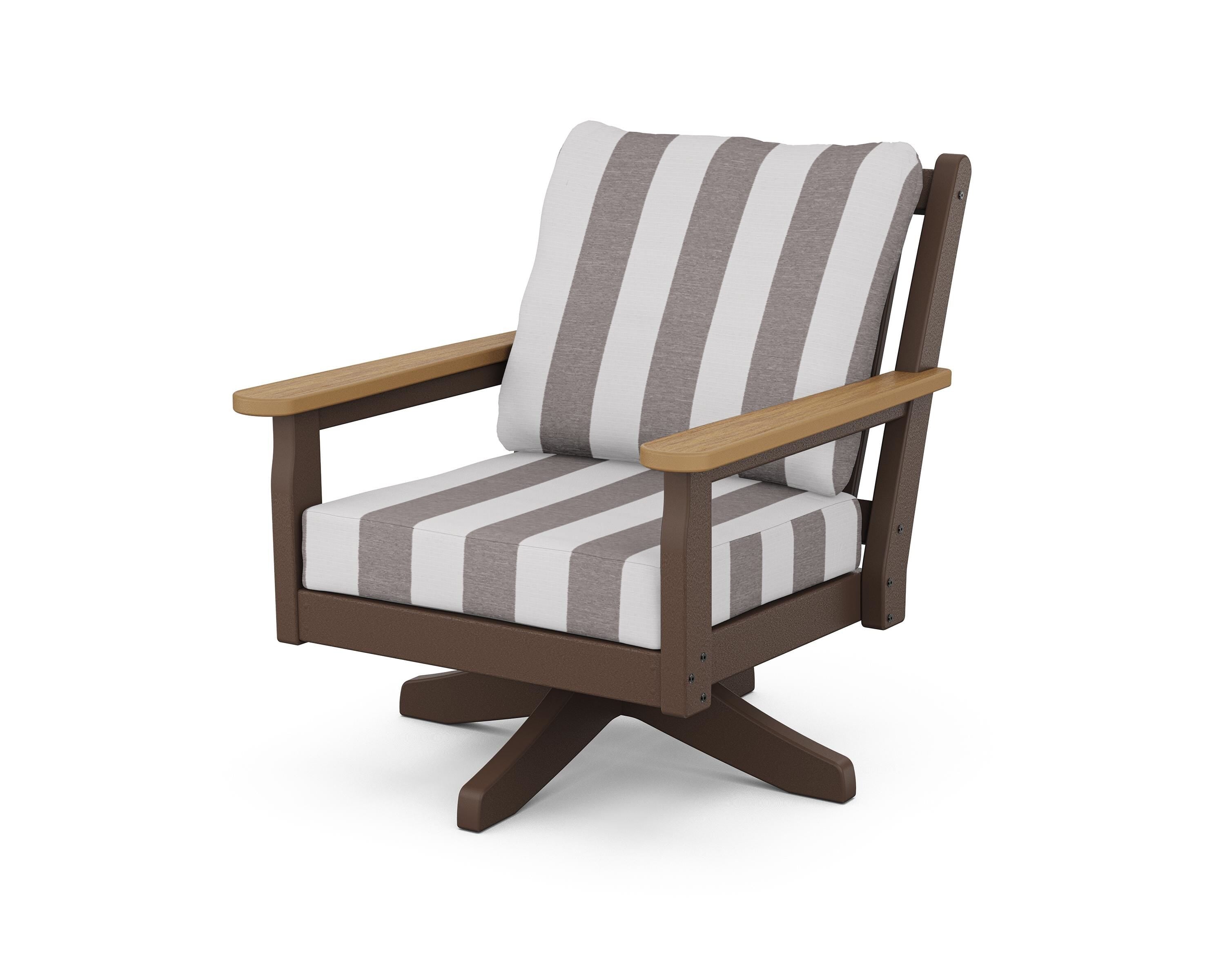 POLYWOOD® Chippendale Deep Seating Swivel Chair in Mahogany / Natural / Cabana Stripe Grey Mist