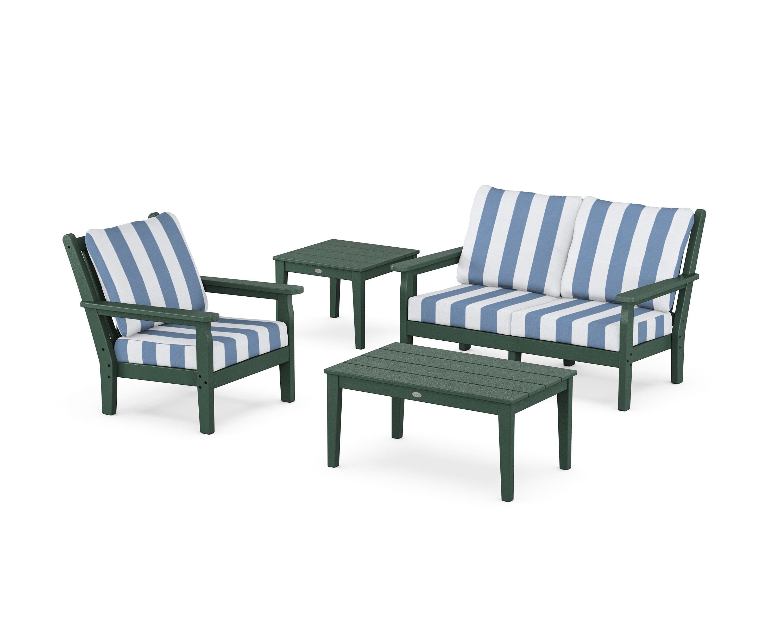 POLYWOOD® Chippendale 4-Piece Deep Seating Set in Green / Cabana Stripe Sky Blue