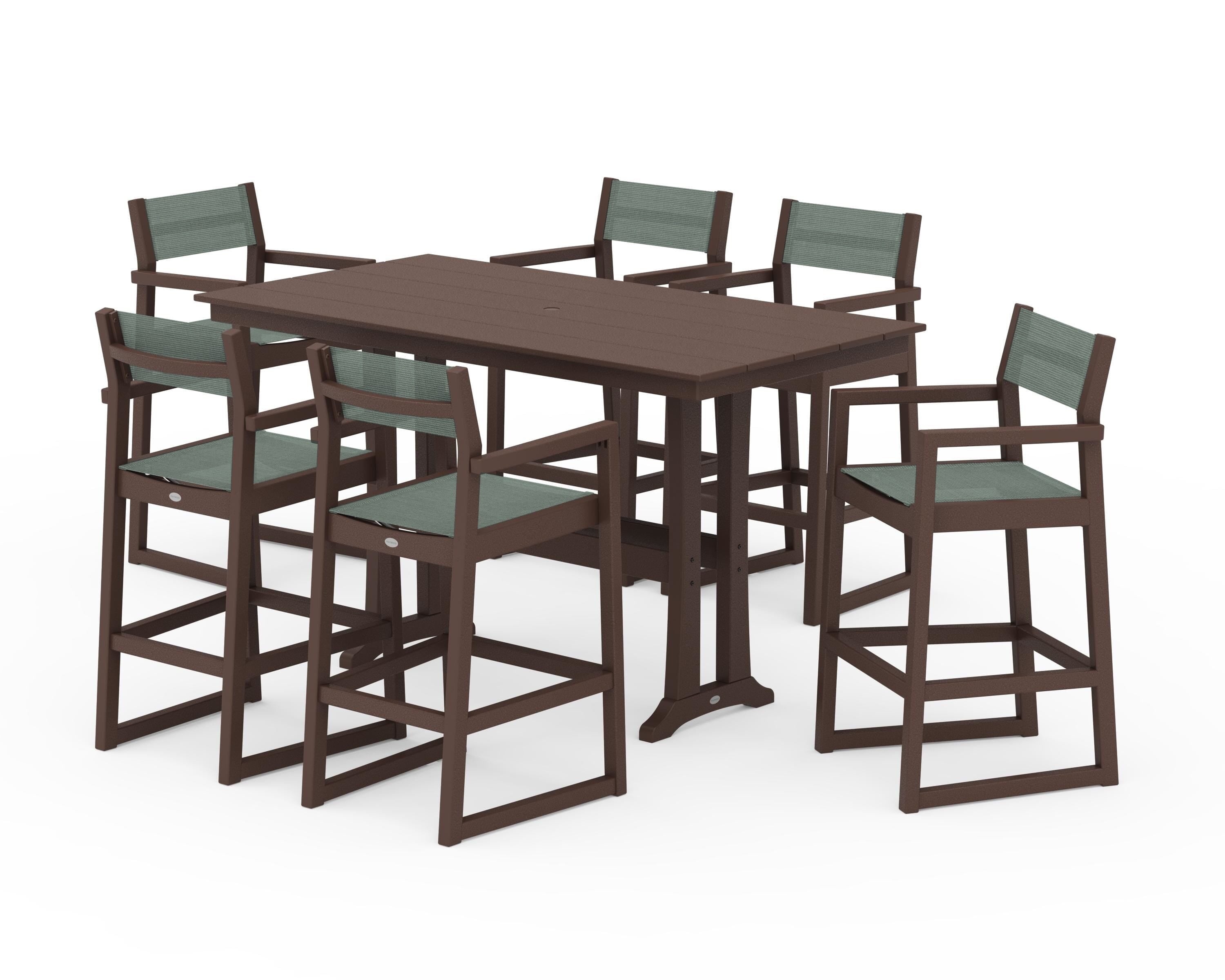 POLYWOOD® EDGE Sling Arm Chair 7-Piece Farmhouse Bar Set with Trestle Legs in Mahogany / Dupioni Sea Mist Sling