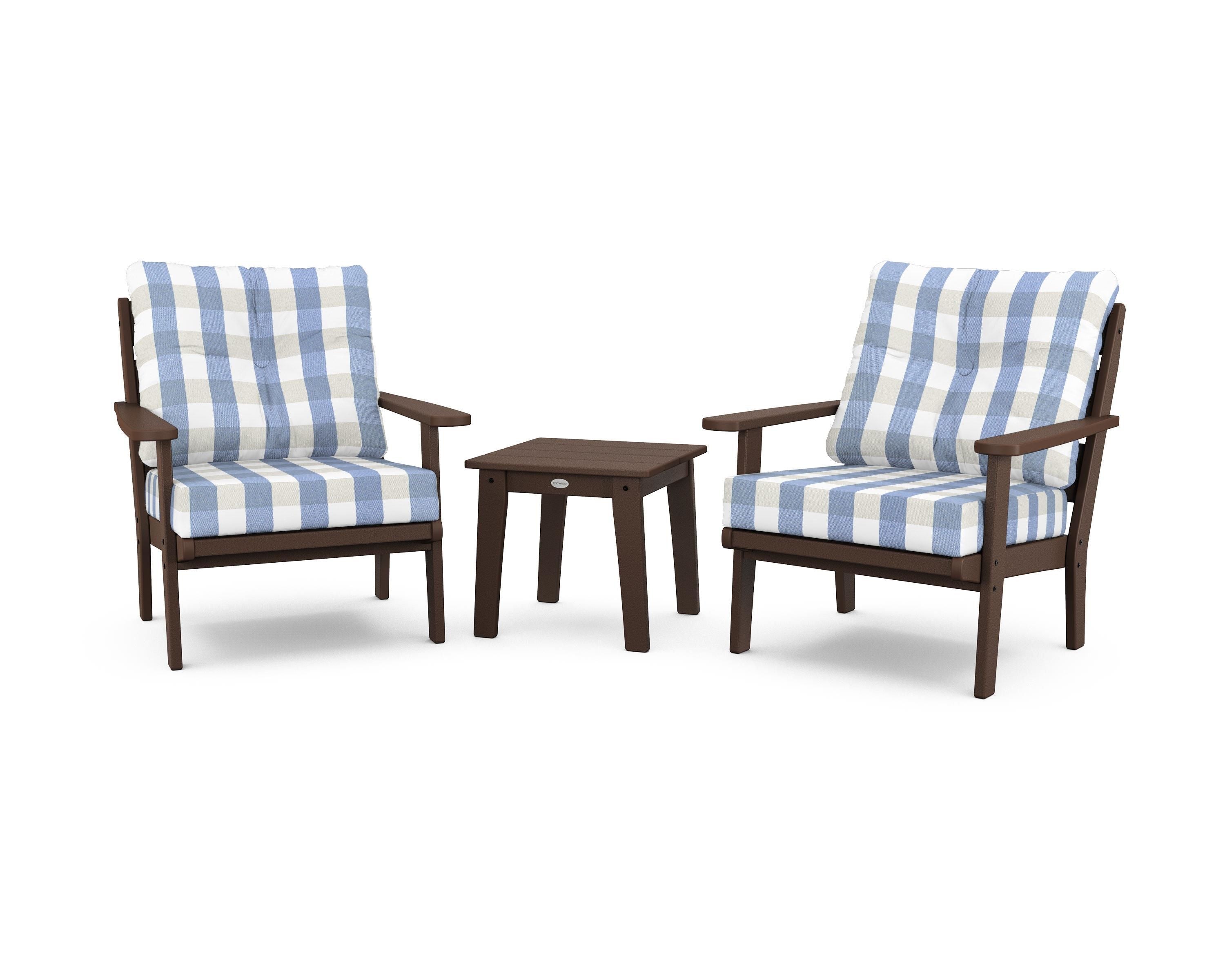 POLYWOOD® Lakeside 3-Piece Deep Seating Chair Set in Mahogany / Buffalo Plaid Sky Blue