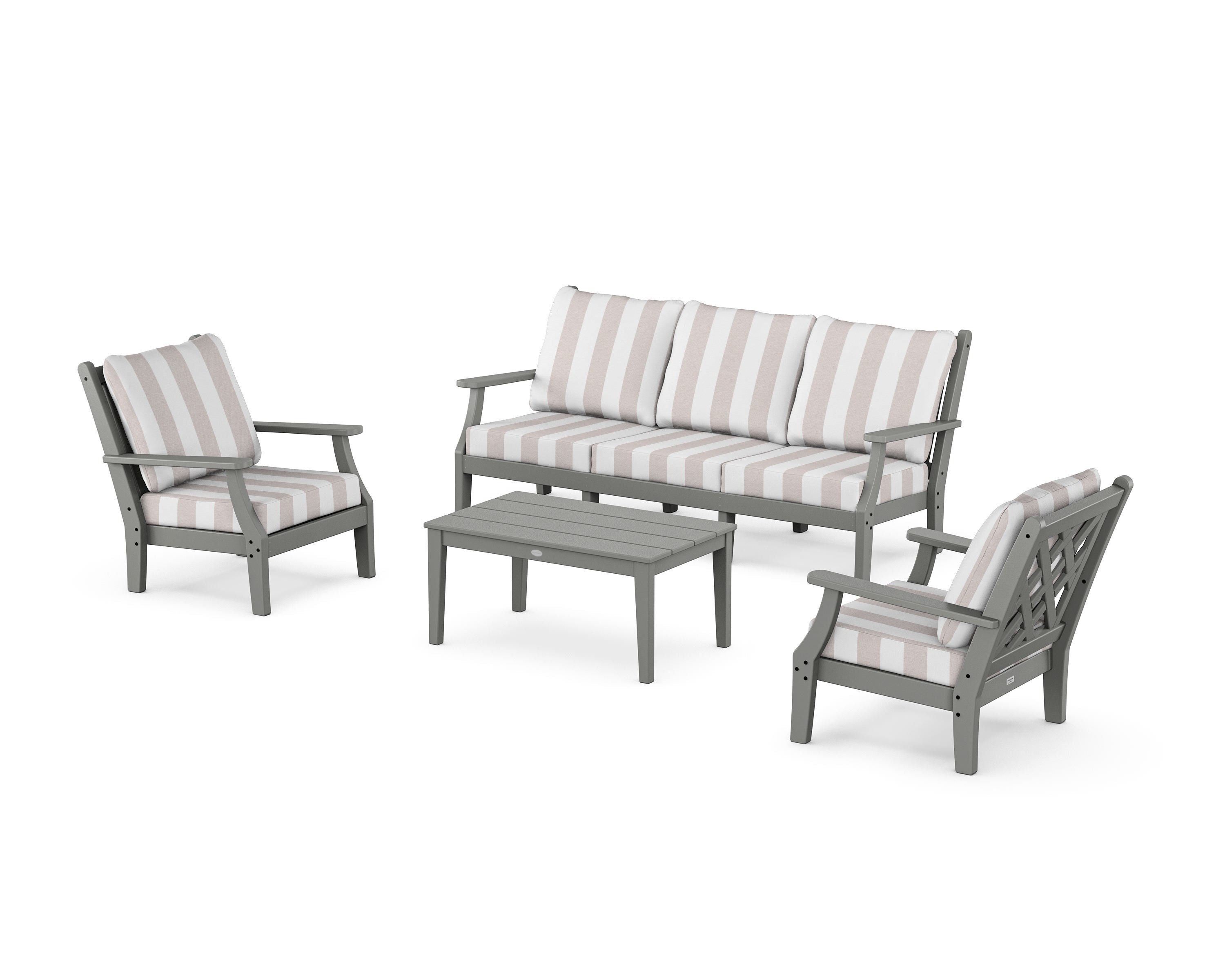 Country Living Wovendale 4-Piece Deep Seating Set with Sofa in Slate Grey / Cabana Stripe Dune Burlap