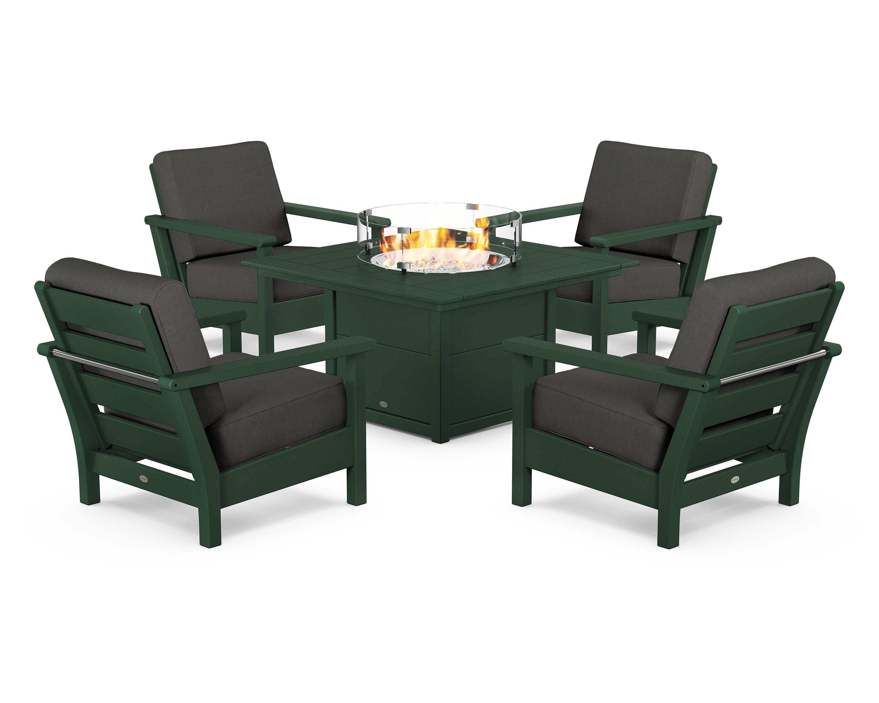 POLYWOOD® Harbour 5-Piece Conversation Set with Fire Pit Table in Green / Spectrum Carbon