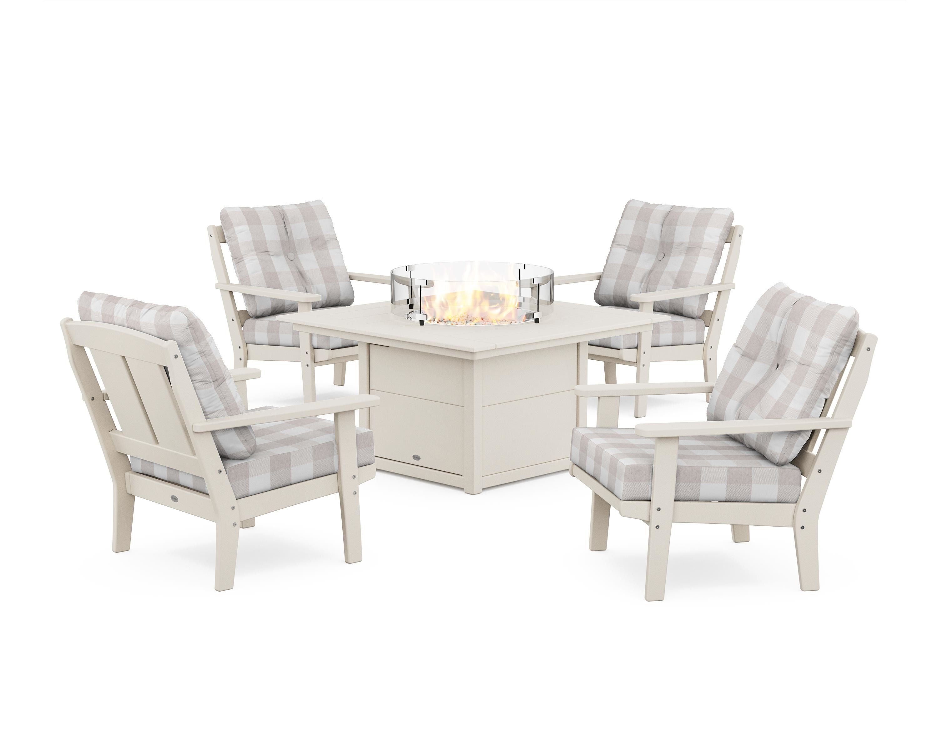 POLYWOOD® Mission 5-Piece Deep Seating Set with Fire Pit Table in Sand / Buffalo Plaid Dune Burlap