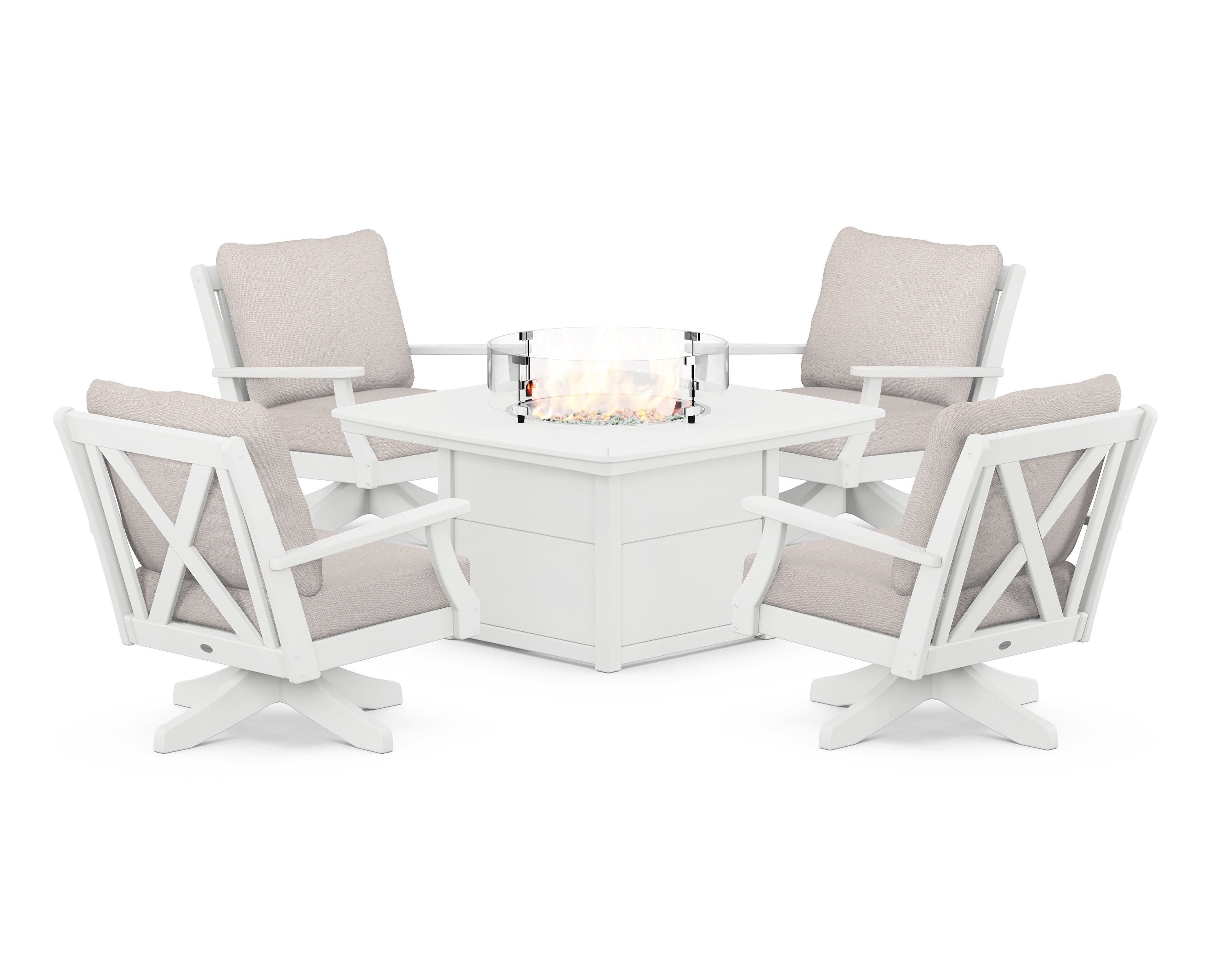 POLYWOOD® Braxton 5-Piece Deep Seating Swivel Conversation Set with Fire Pit Table in White / Dune Burlap