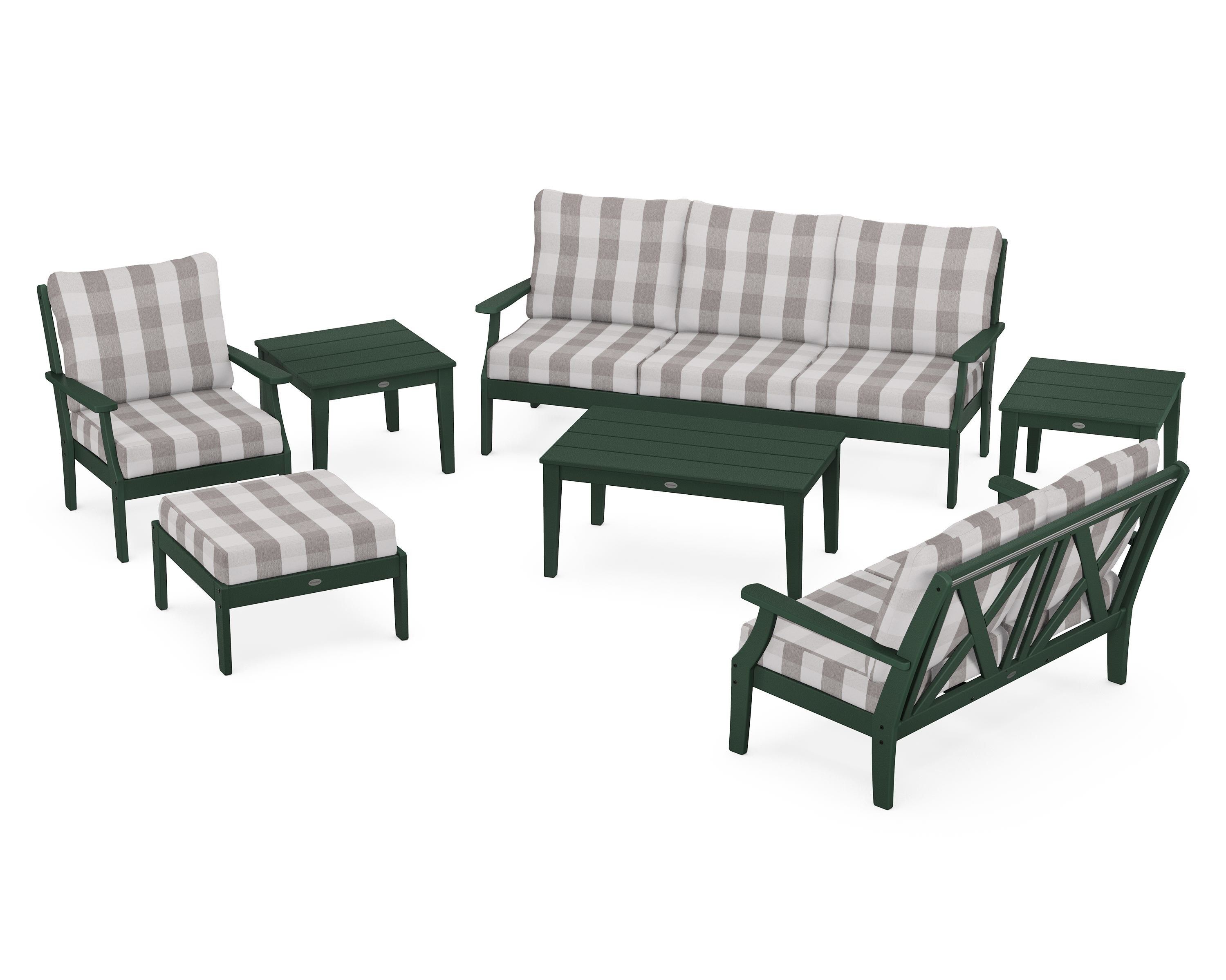 POLYWOOD® Braxton 7-Piece Deep Seating Set in Green / Buffalo Plaid Grey Mist