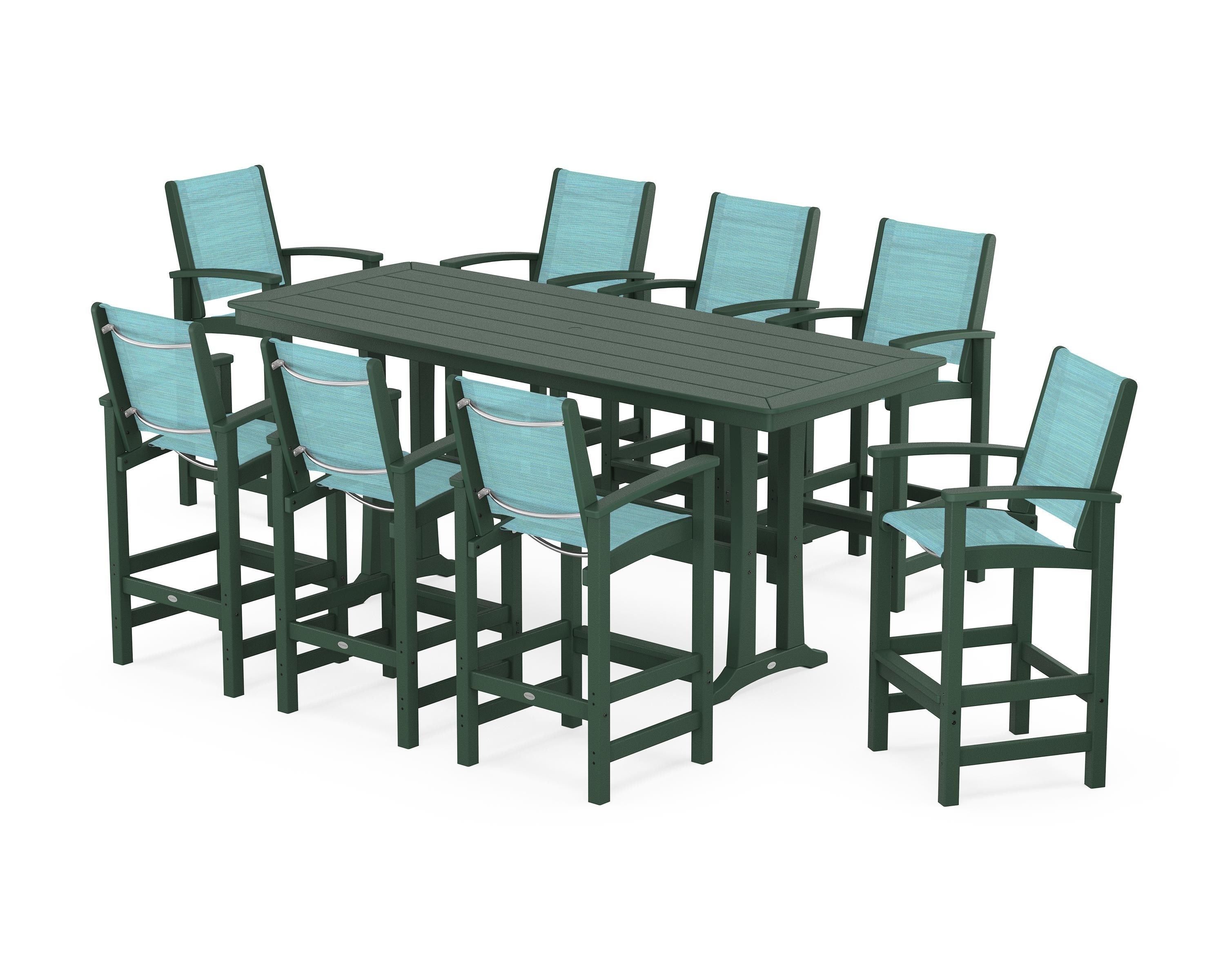 POLYWOOD® Coastal 9-Piece Bar Set with Trestle Legs in Green / Dupioni Aquamarine Sling