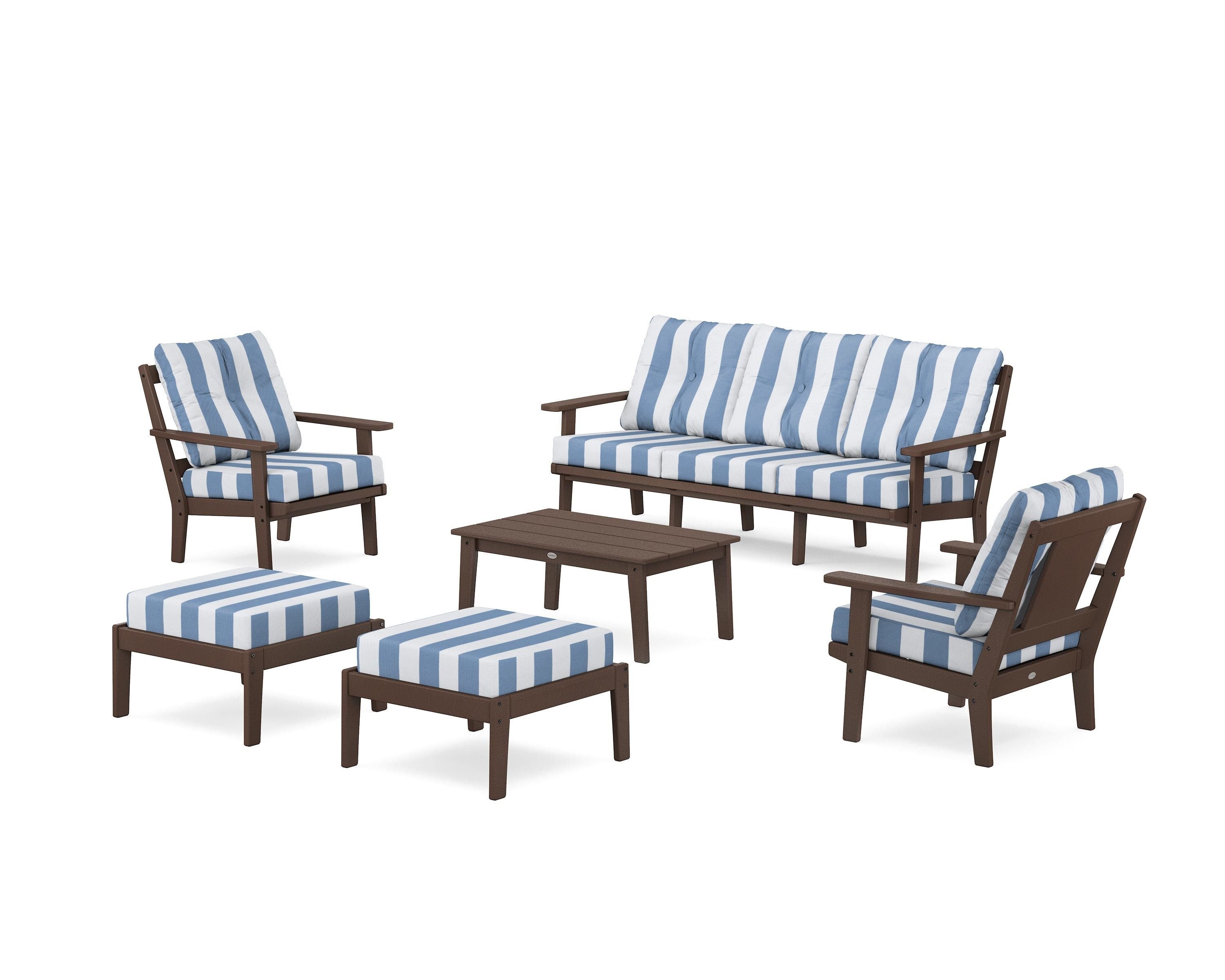POLYWOOD® Prairie 6-Piece Lounge Sofa Set in Mahogany / Cabana Stripe Sky Blue