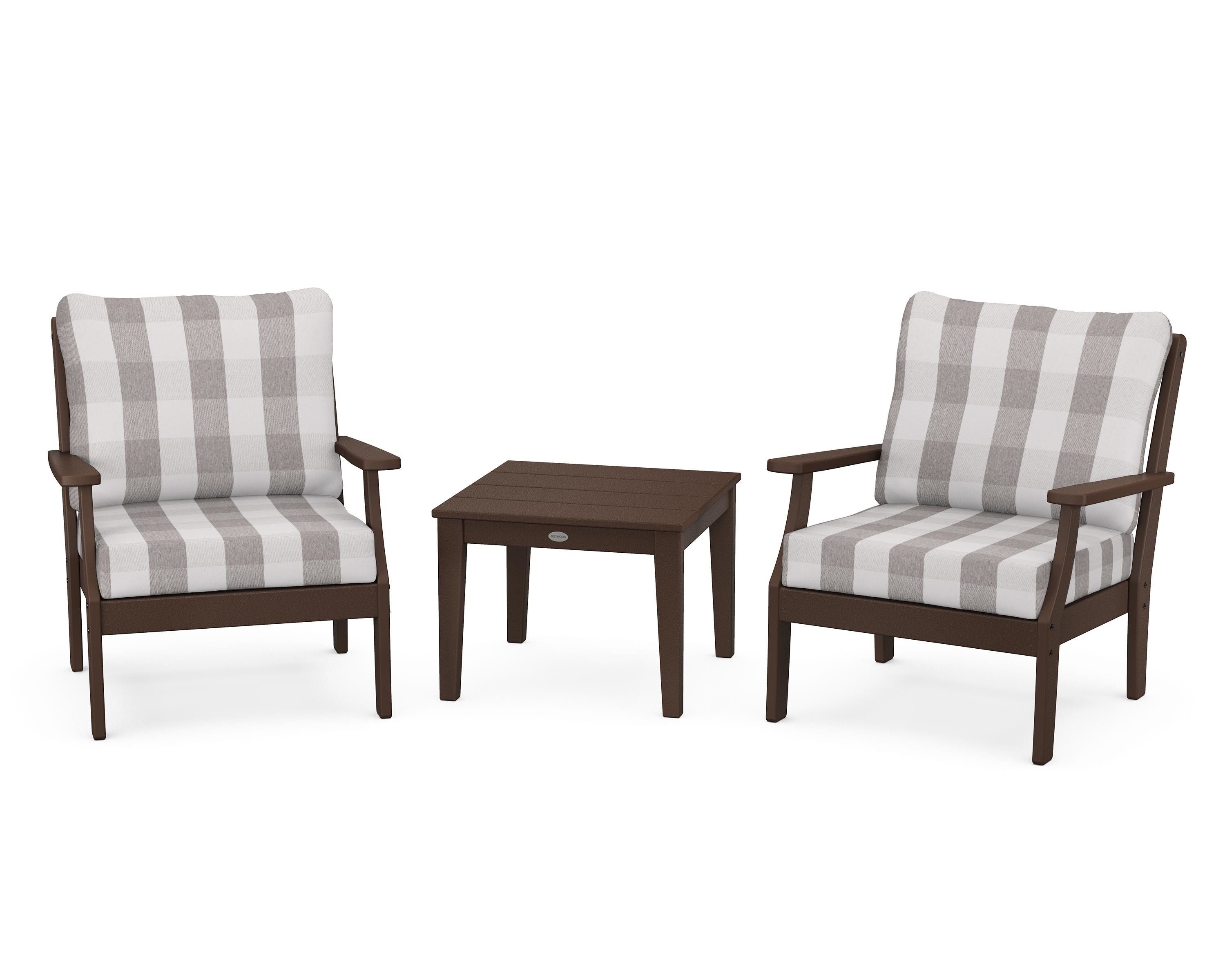 POLYWOOD® Braxton 3-Piece Deep Seating Set in Mahogany / Buffalo Plaid Grey Mist