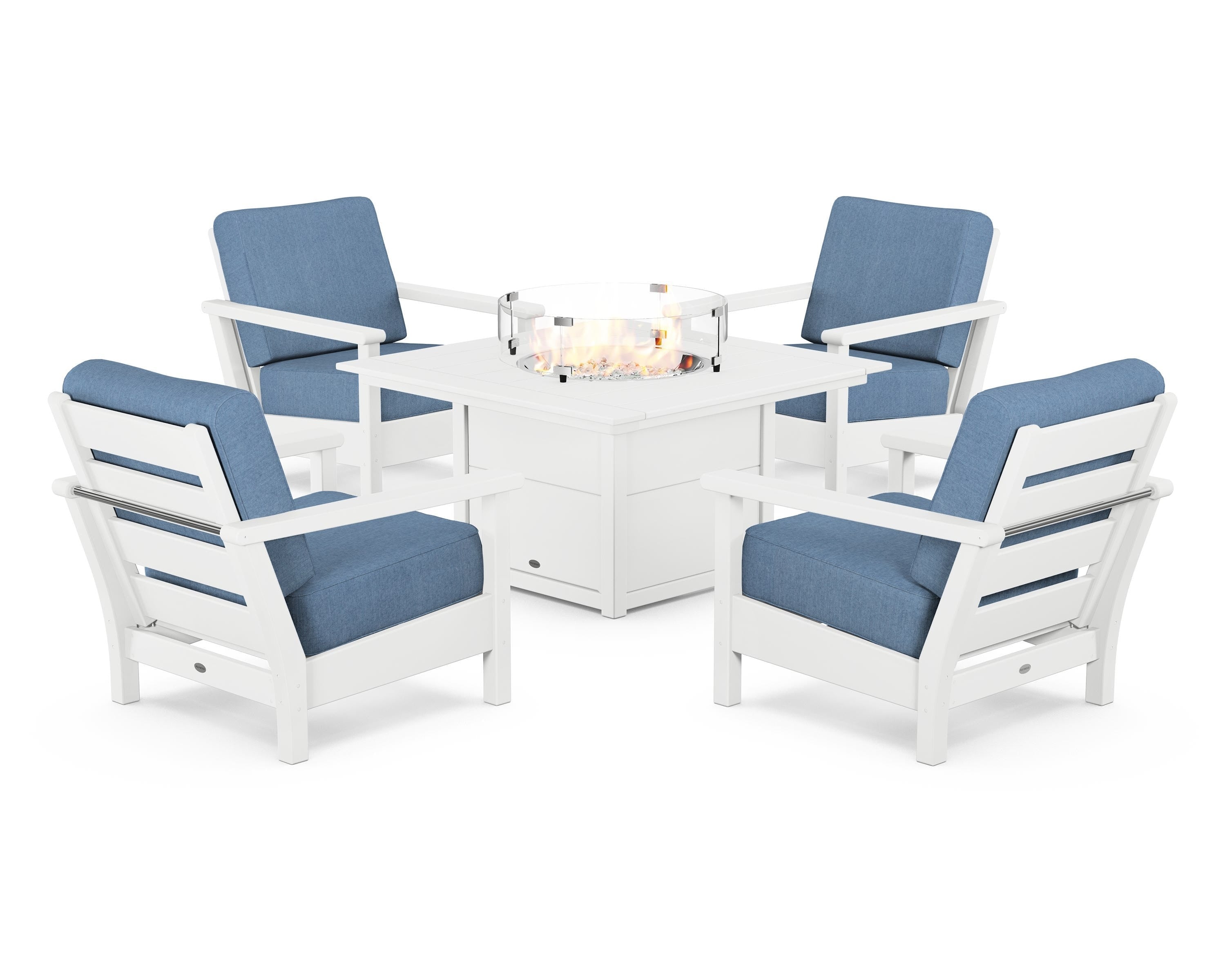 POLYWOOD® Harbour 5-Piece Conversation Set with Fire Pit Table in White / Sky Blue