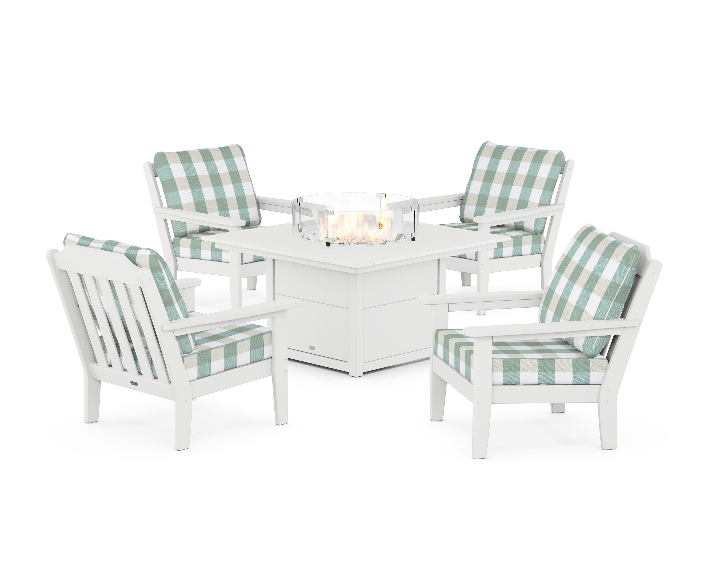 Country Living Cottage 5-Piece Deep Seating Set with Fire Pit Table in White / Buffalo Plaid Glacier Spa