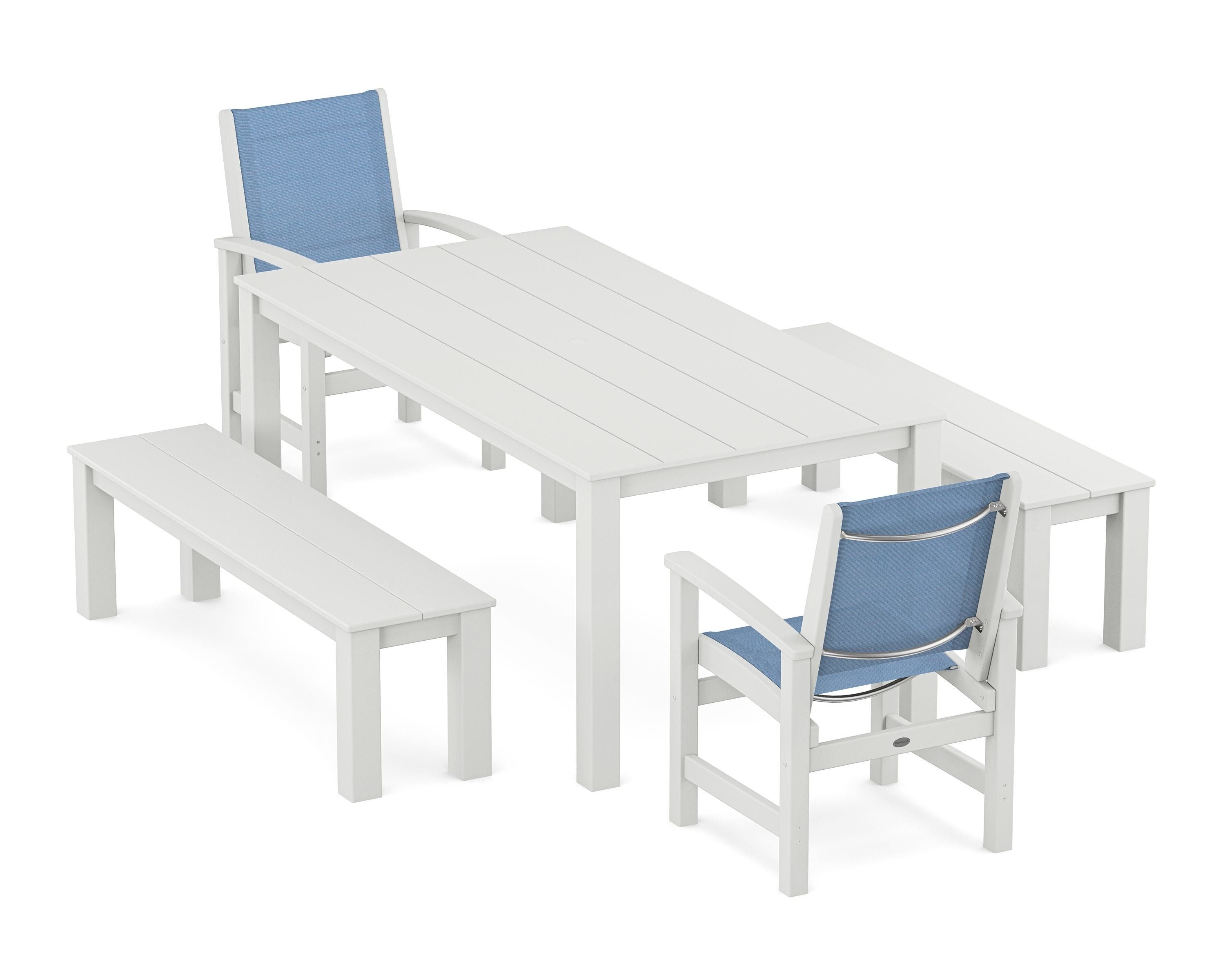 POLYWOOD® Coastal 5-Piece Parsons Dining Set with Benches in White / Poolside Sling