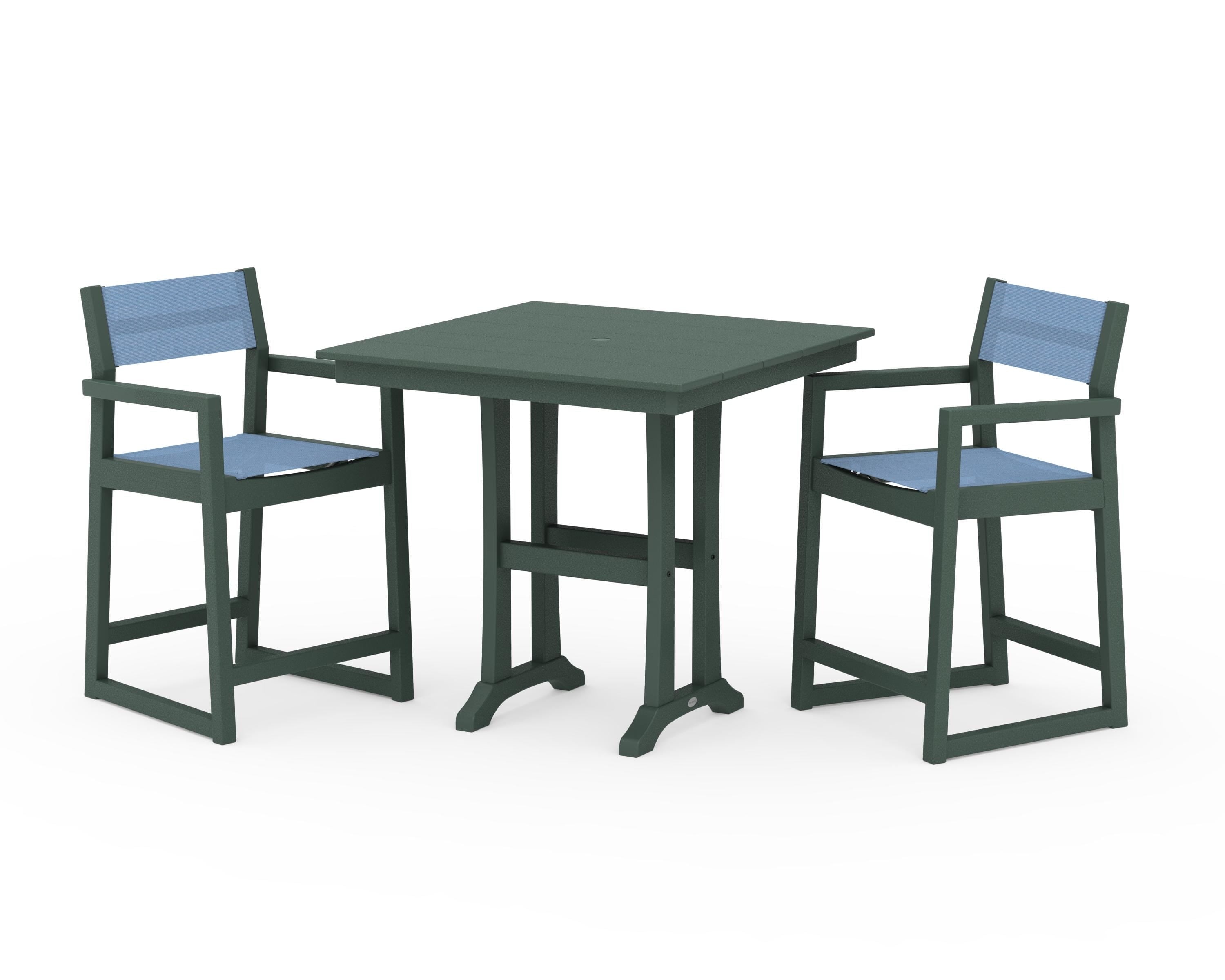 POLYWOOD® EDGE Sling Arm Chair 3-Piece Farmhouse Counter Set with Trestle Legs in Green / Poolside Sling