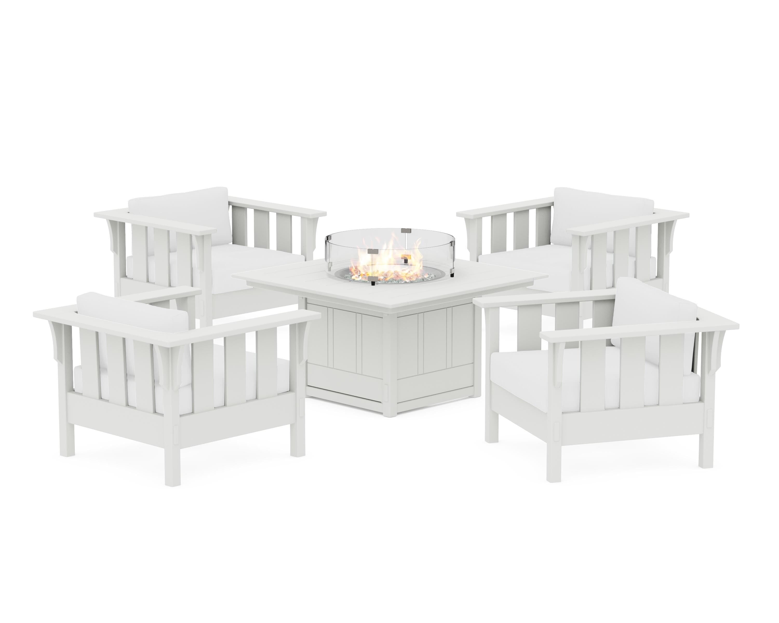 Martha Stewart by POLYWOOD® Acadia 5-Piece Deep Seating Set with Fire Pit Table in White / Natural