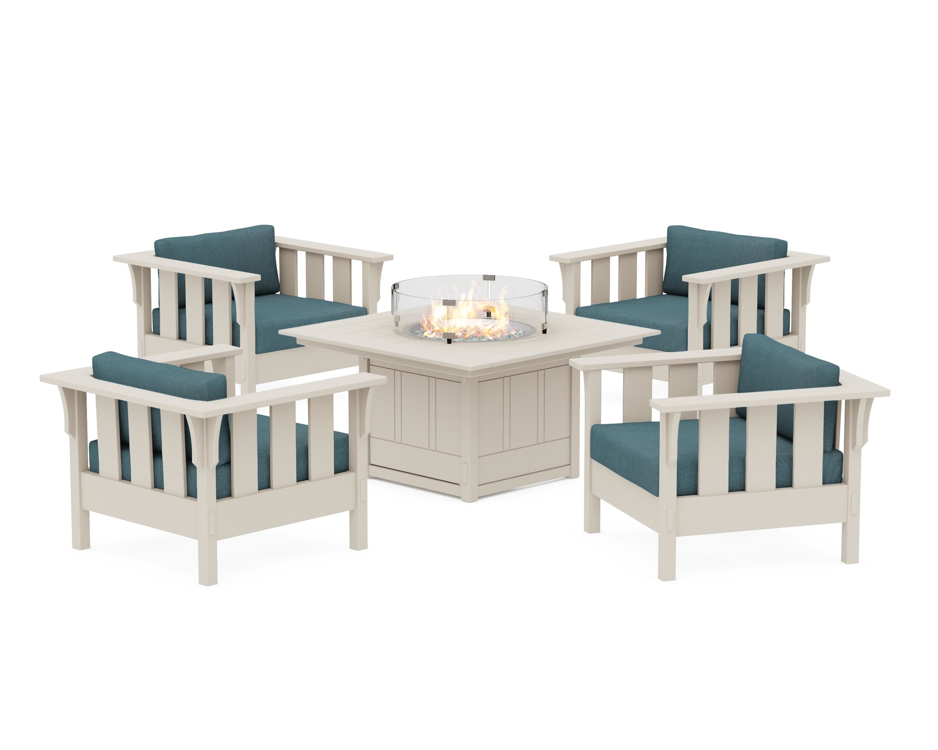Martha Stewart by POLYWOOD® Acadia 5-Piece Deep Seating Set with Fire Pit Table in Sand / Ocean Teal