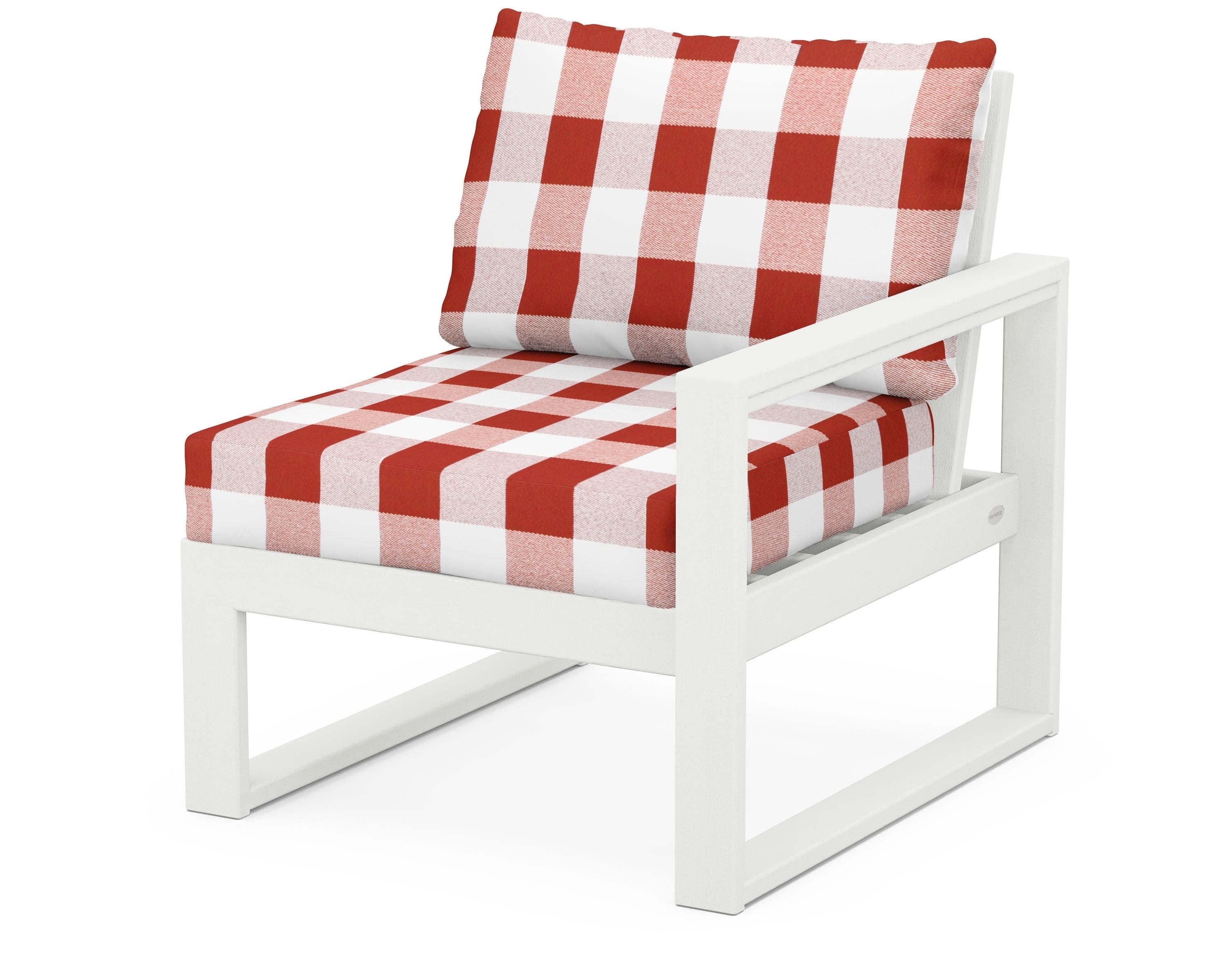 POLYWOOD® EDGE Modular Right Arm Chair in Vintage White / Buffalo Plaid Crimson