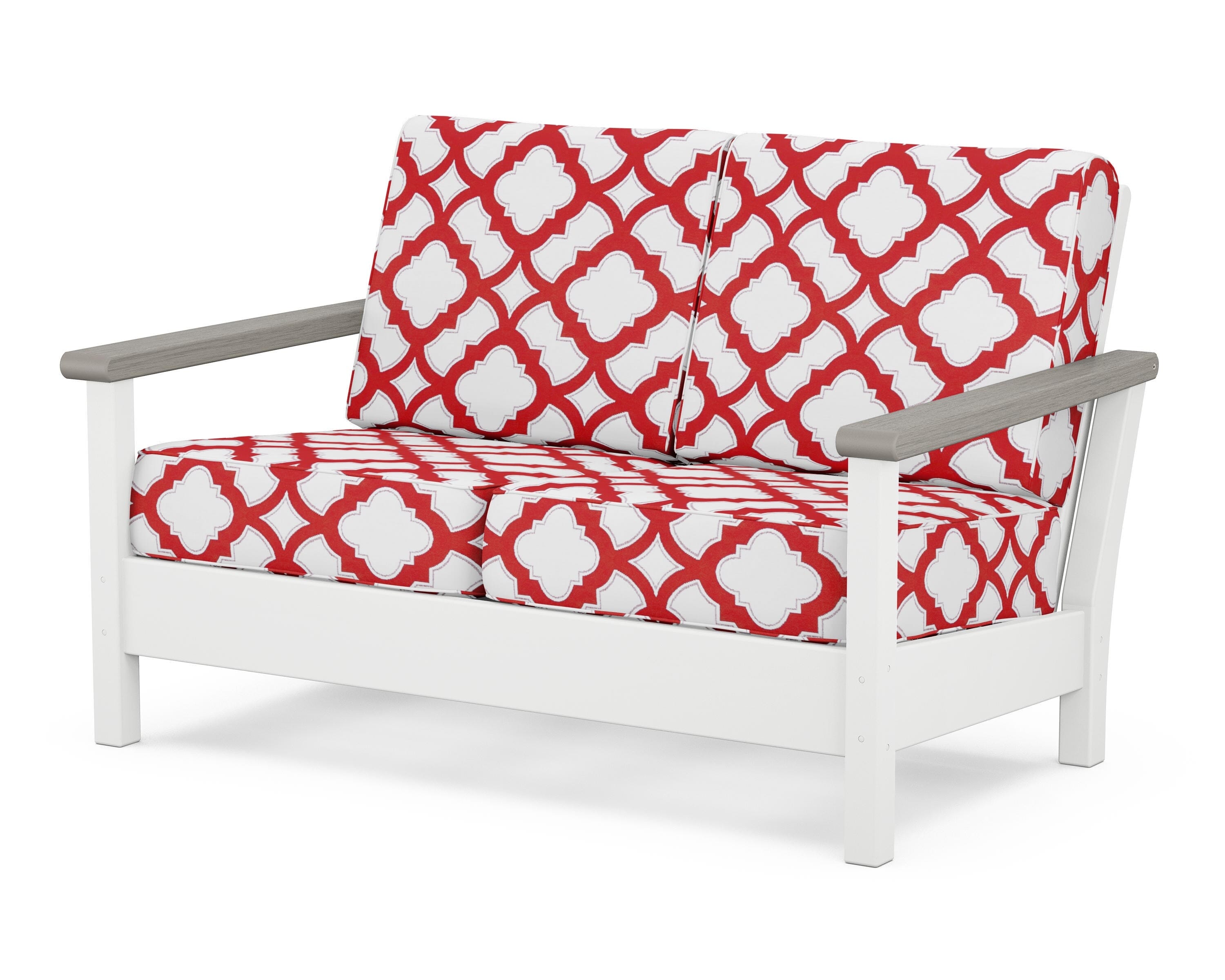 POLYWOOD® Harbour Deep Seating Loveseat in White / Driftwood / Trellis Crimson