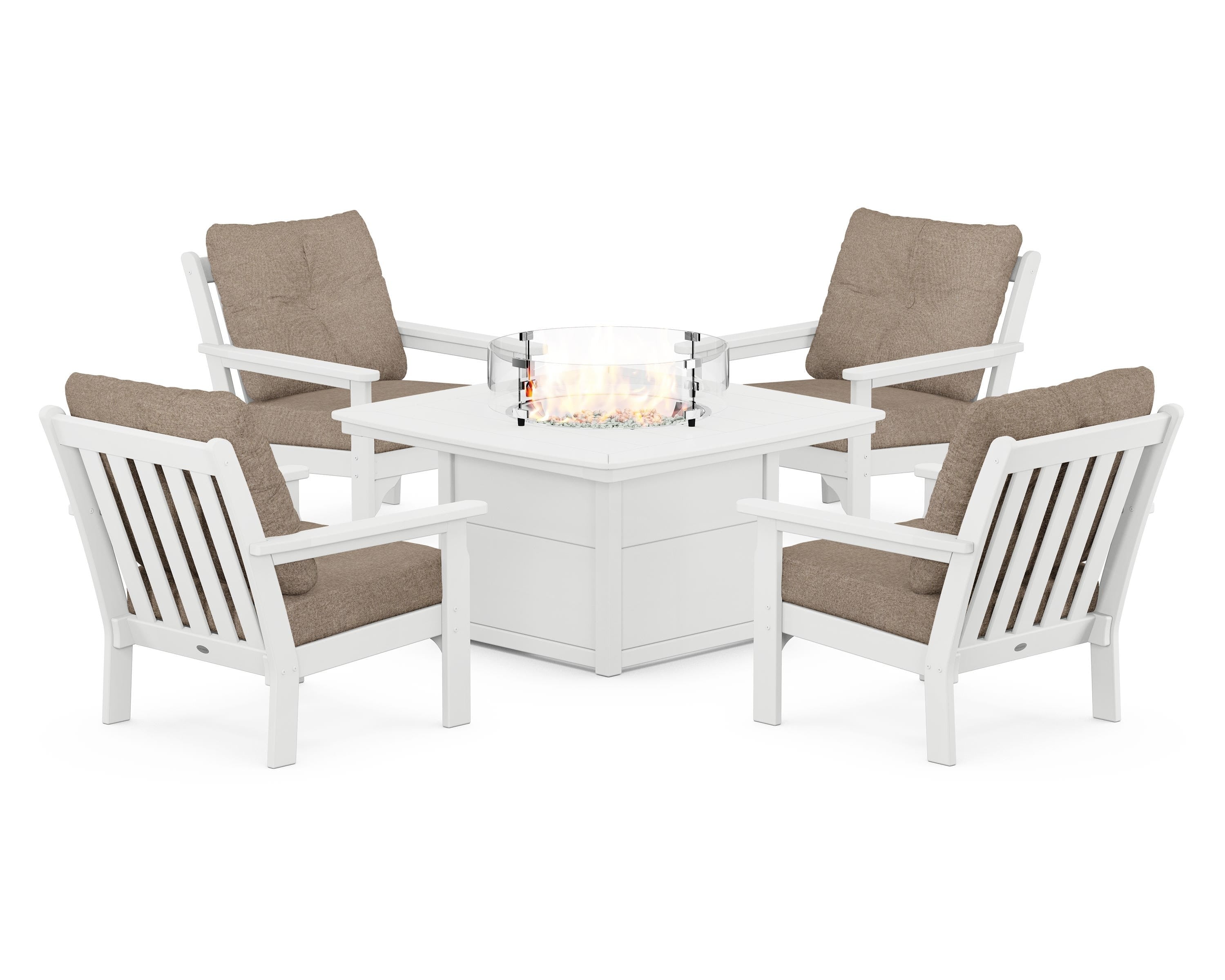 POLYWOOD® Vineyard 5-Piece Conversation Set with Fire Pit Table in White / Spiced Burlap