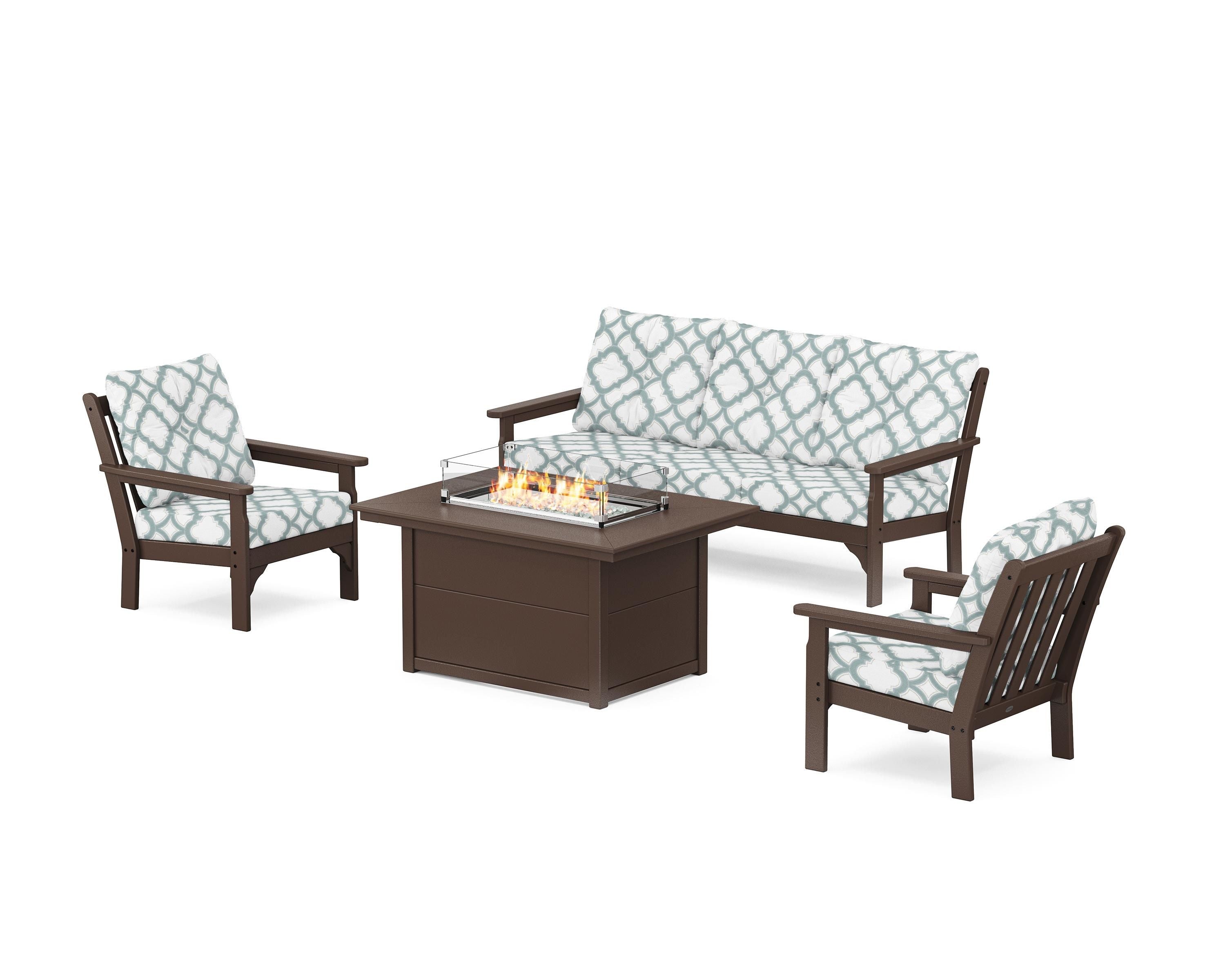 POLYWOOD® Vineyard Deep Seating Fire Pit Table Set in Mahogany / Trellis Glacier Spa