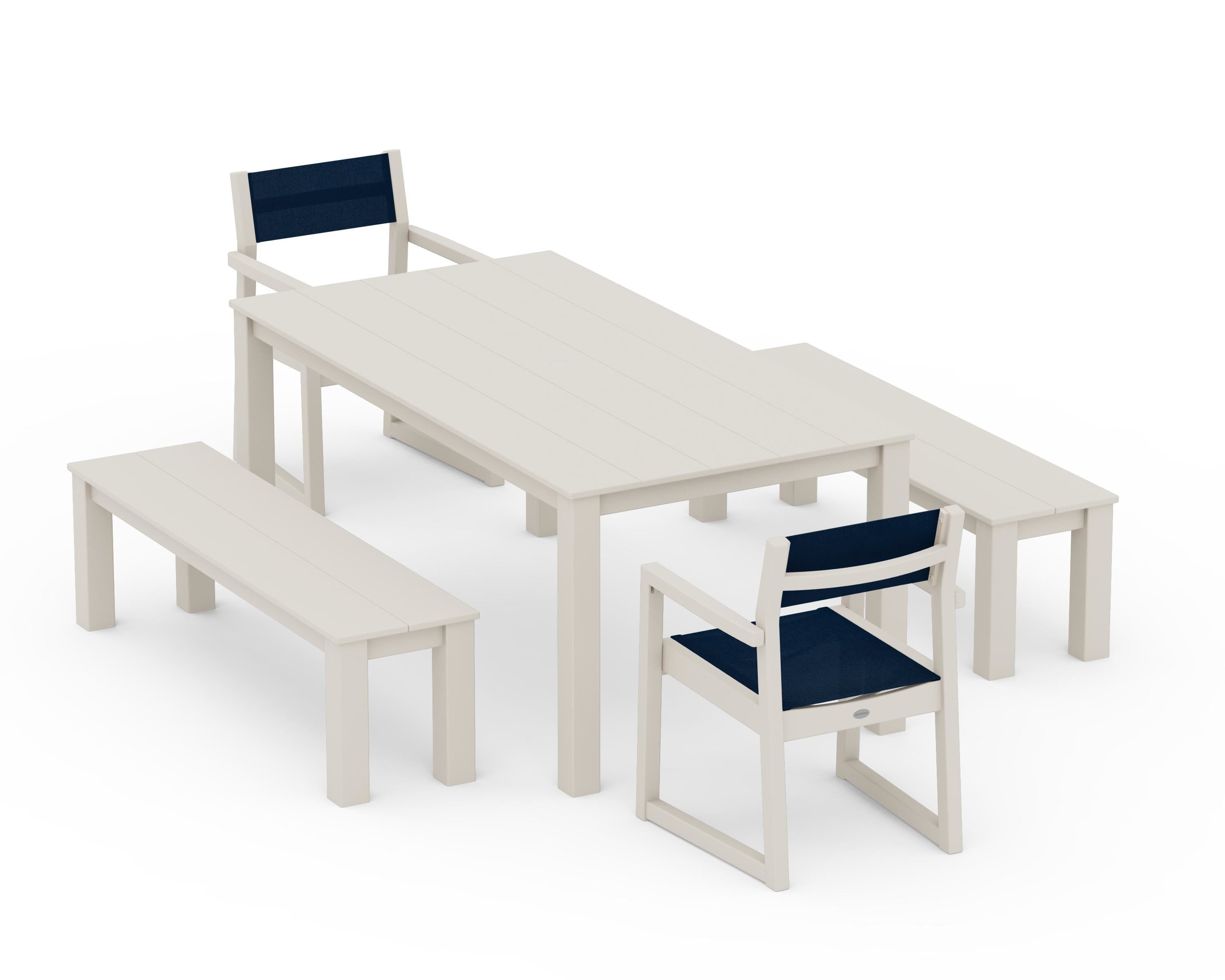 POLYWOOD® EDGE Sling Arm Chair 5-Piece Parsons Dining Set with Benches in Sand / Navy Blue Sling