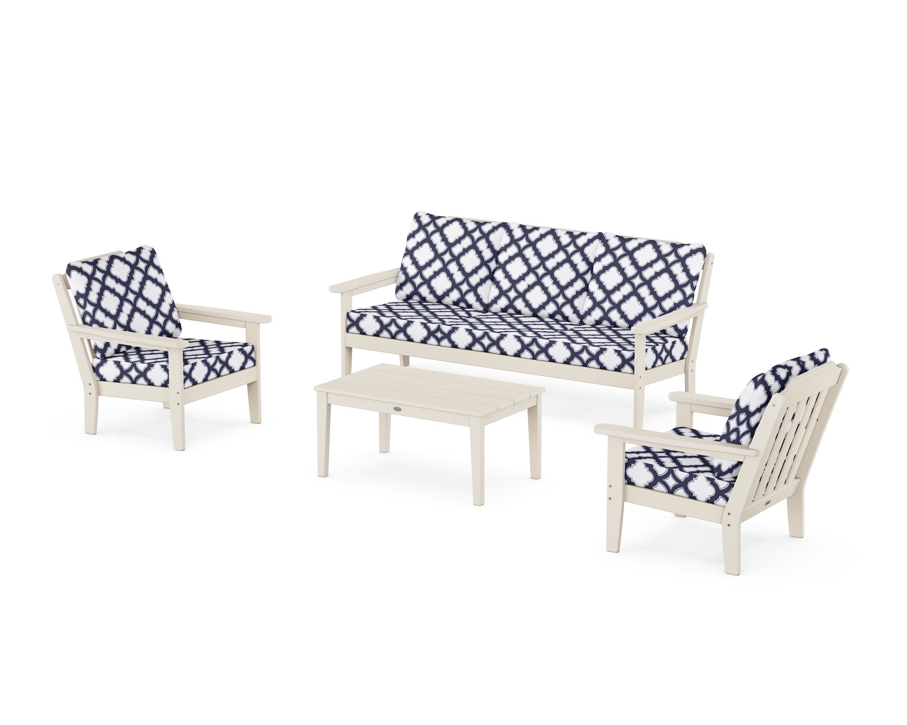 Country Living Cottage 4-Piece Deep Seating Set with Sofa in Sand / Trellis Navy