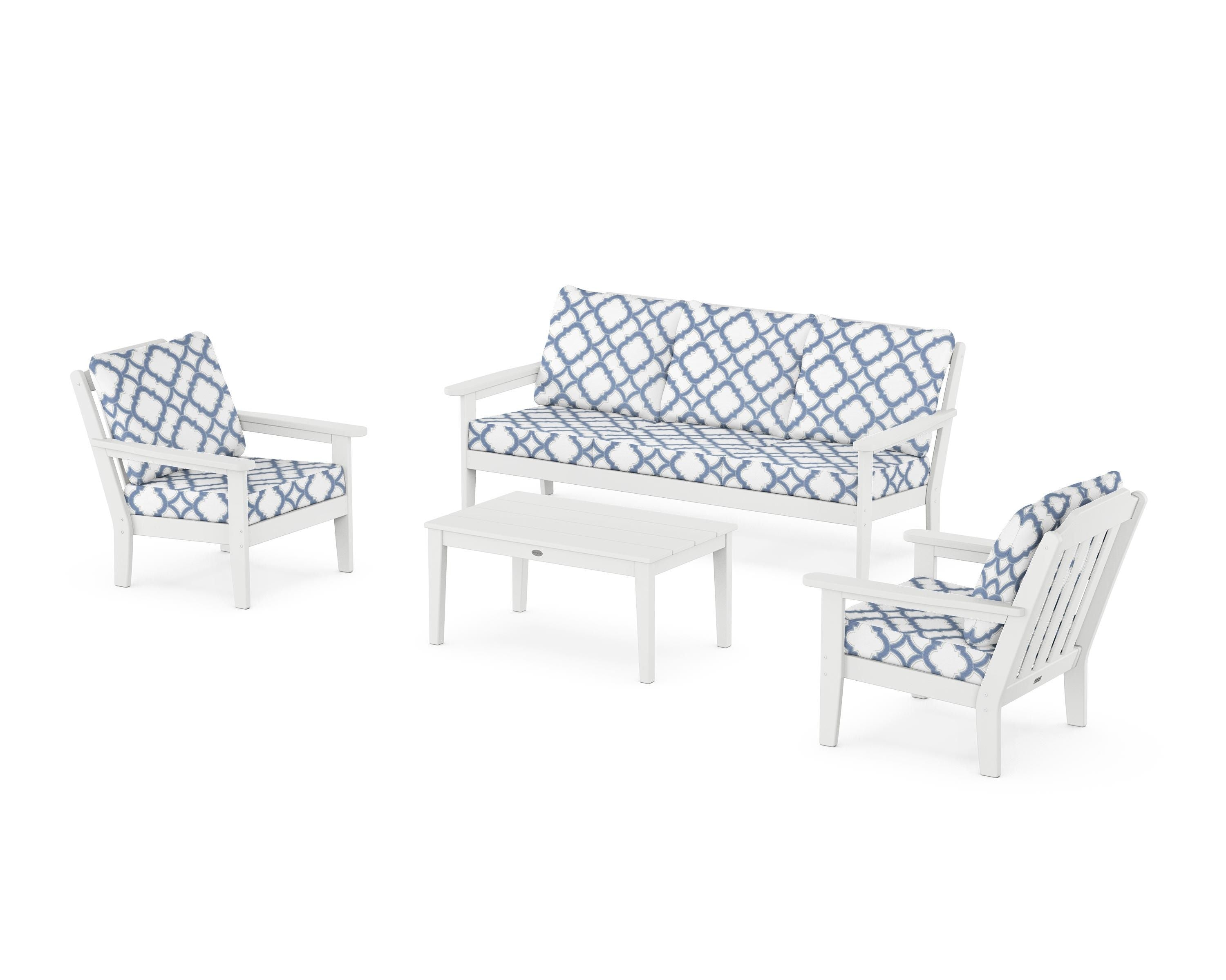 Country Living Cottage 4-Piece Deep Seating Set with Sofa in White / Trellis Sky Blue