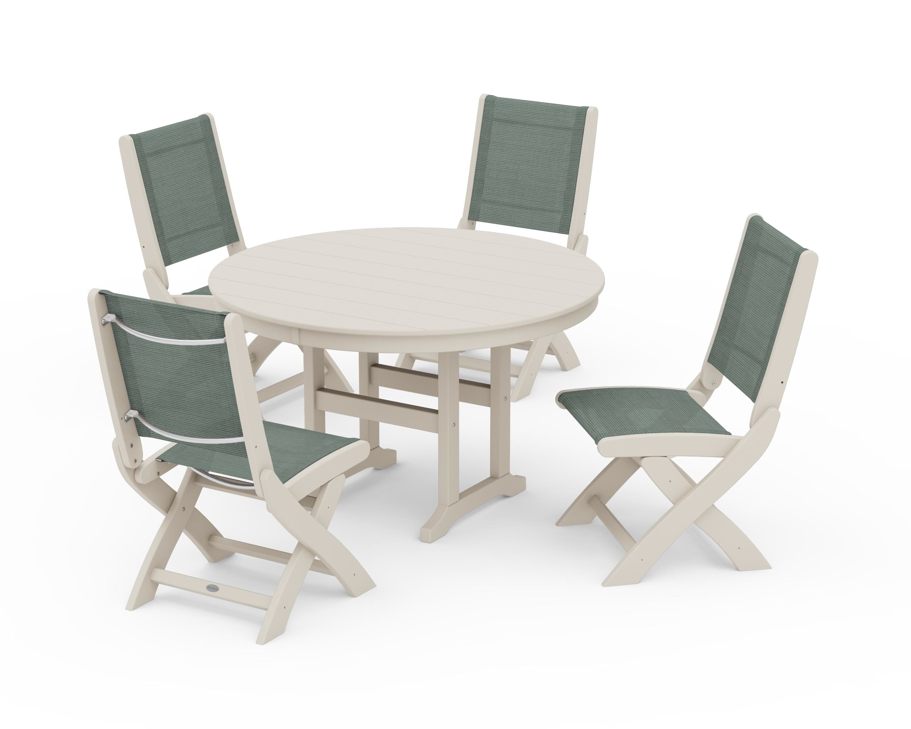 POLYWOOD® Coastal Folding Side Chair 5-Piece Round Dining Set in Sand / Dupioni Sea Mist Sling