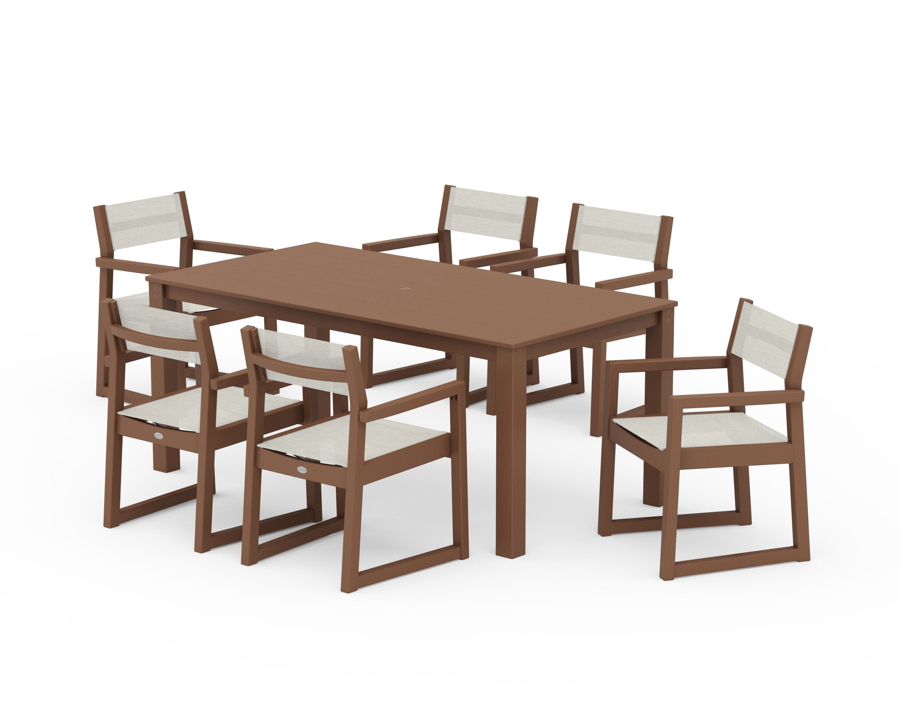 POLYWOOD® EDGE Sling Arm Chair 7-Piece Parsons Dining Set in Teak / Parchment Sling