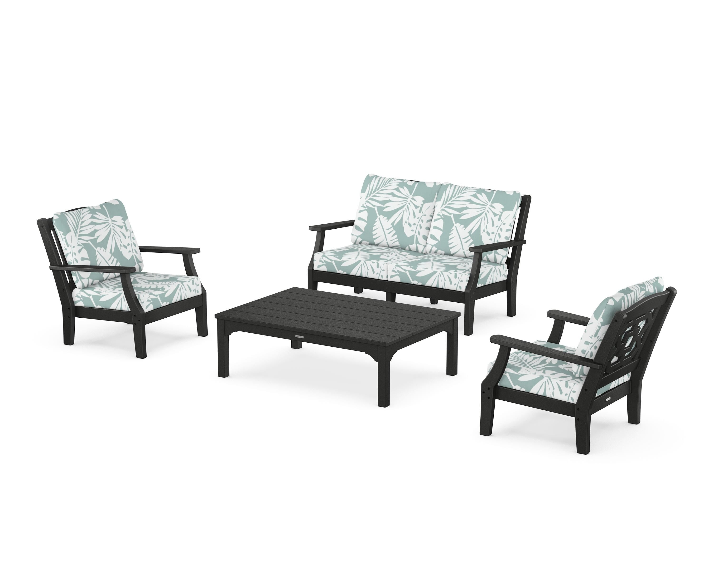 Martha Stewart by POLYWOOD® Chinoiserie 4-Piece Deep Seating Set with Loveseat in Black / Leaf Glacier Spa