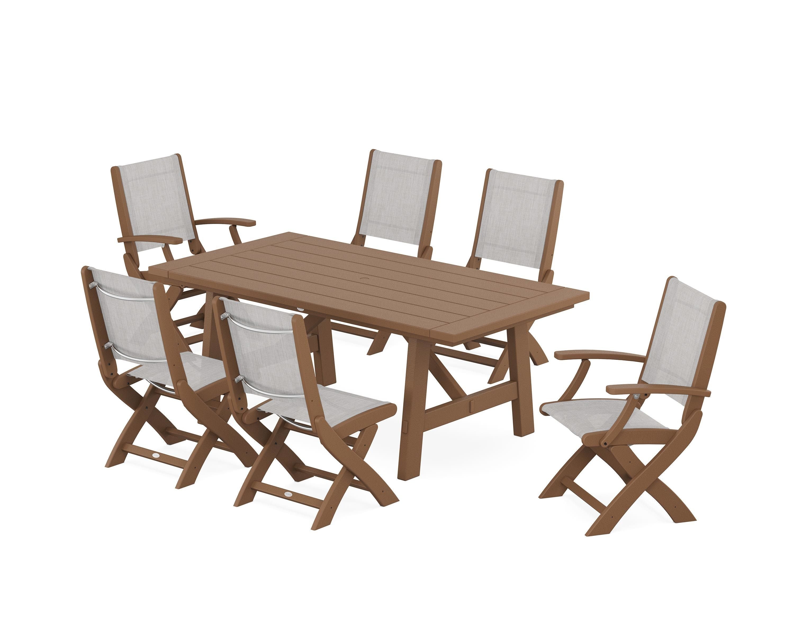 POLYWOOD® Coastal Folding Chair 7-Piece Rustic Farmhouse Dining Set in Teak / Parchment Sling