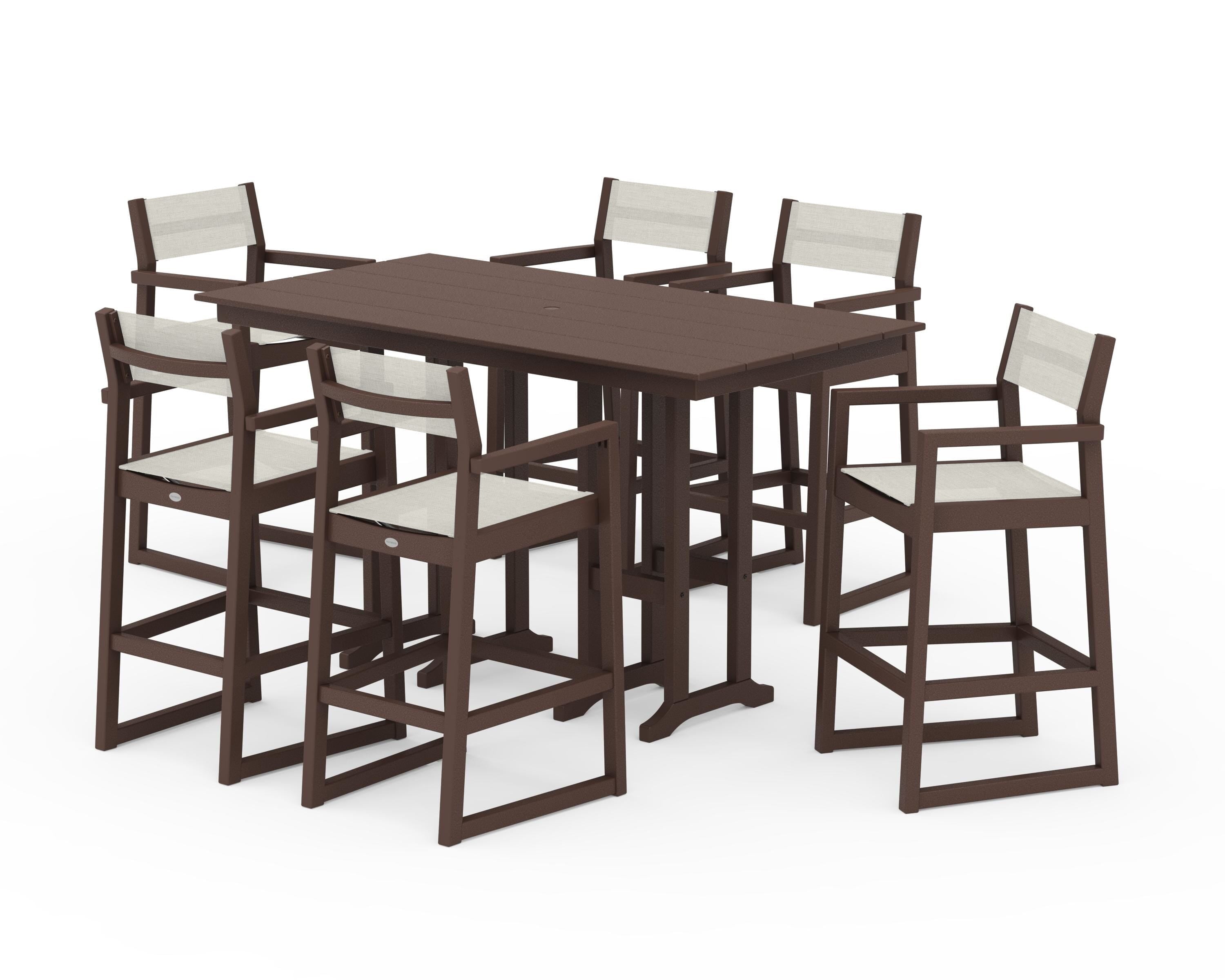POLYWOOD® EDGE Sling Arm Chair 7-Piece Farmhouse Bar Set in Mahogany / Parchment Sling