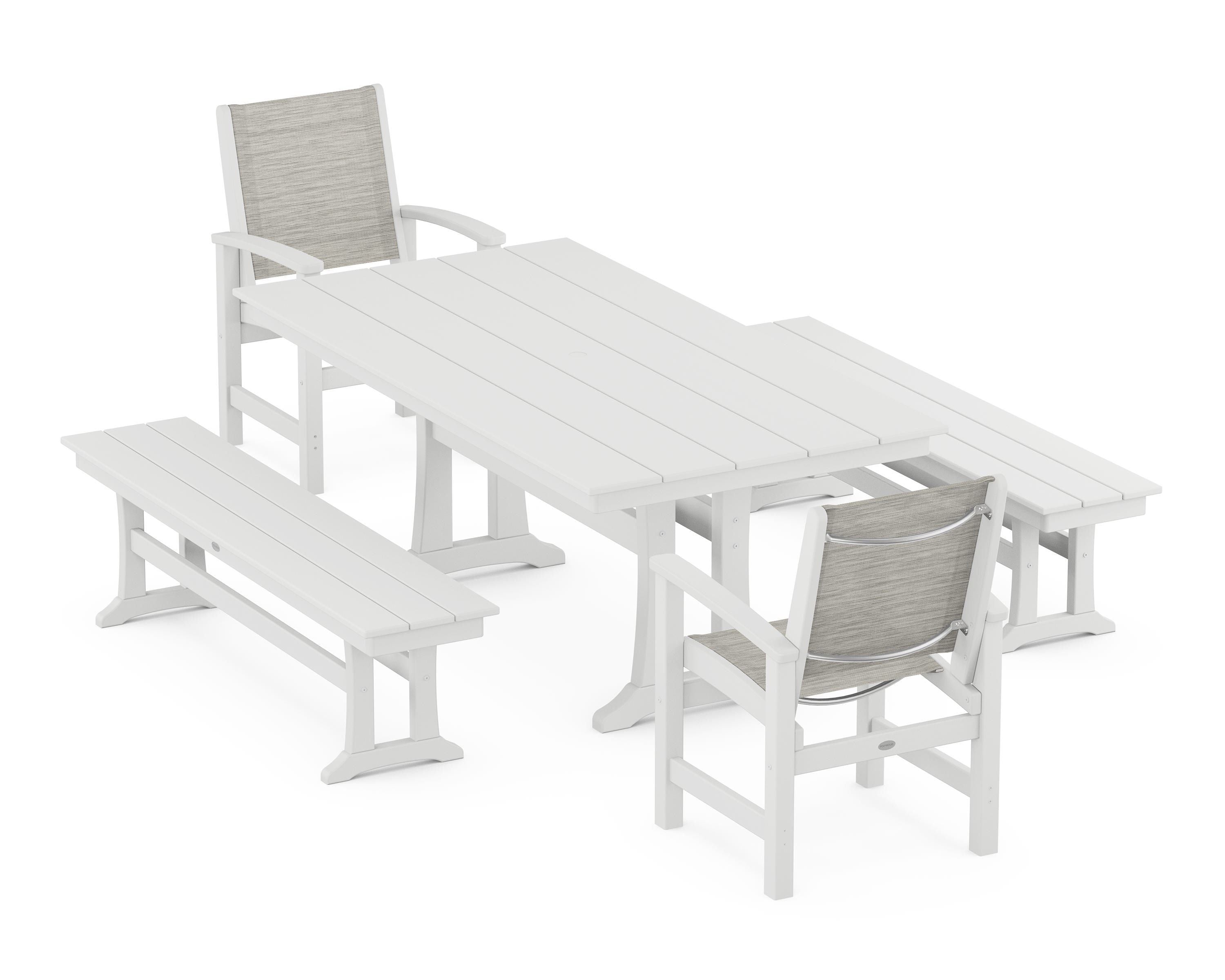 POLYWOOD® Coastal 5-Piece Farmhouse Dining Set with Trestle Legs and Benches in White / Birch Sling