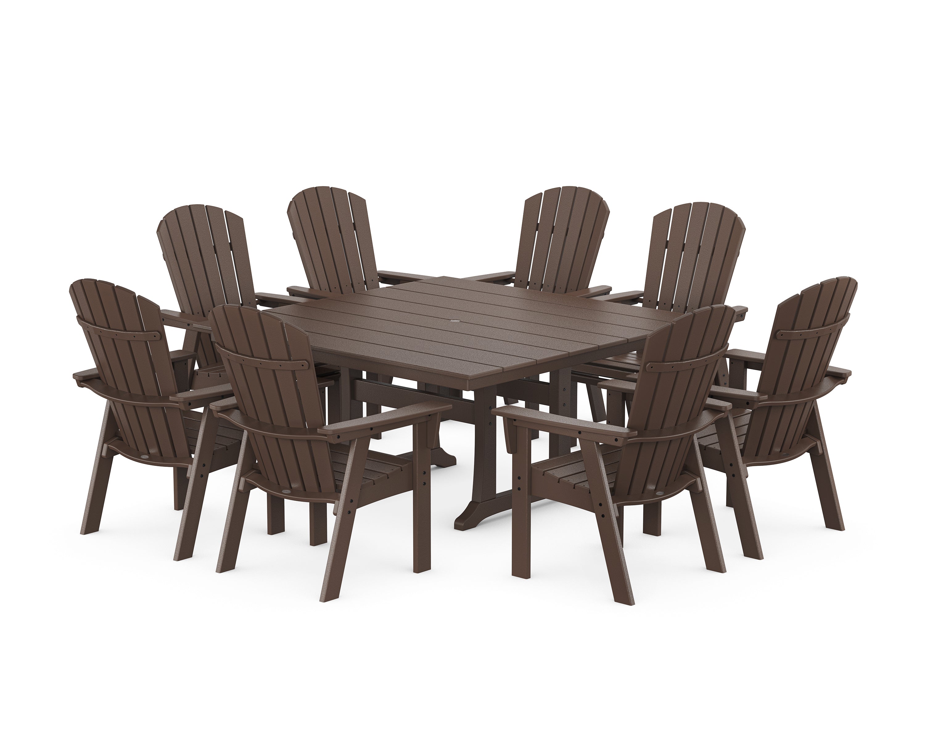 POLYWOOD® Nautical Curveback Adirondack 9-Piece Square Dining Set with Trestle Legs in Mahogany