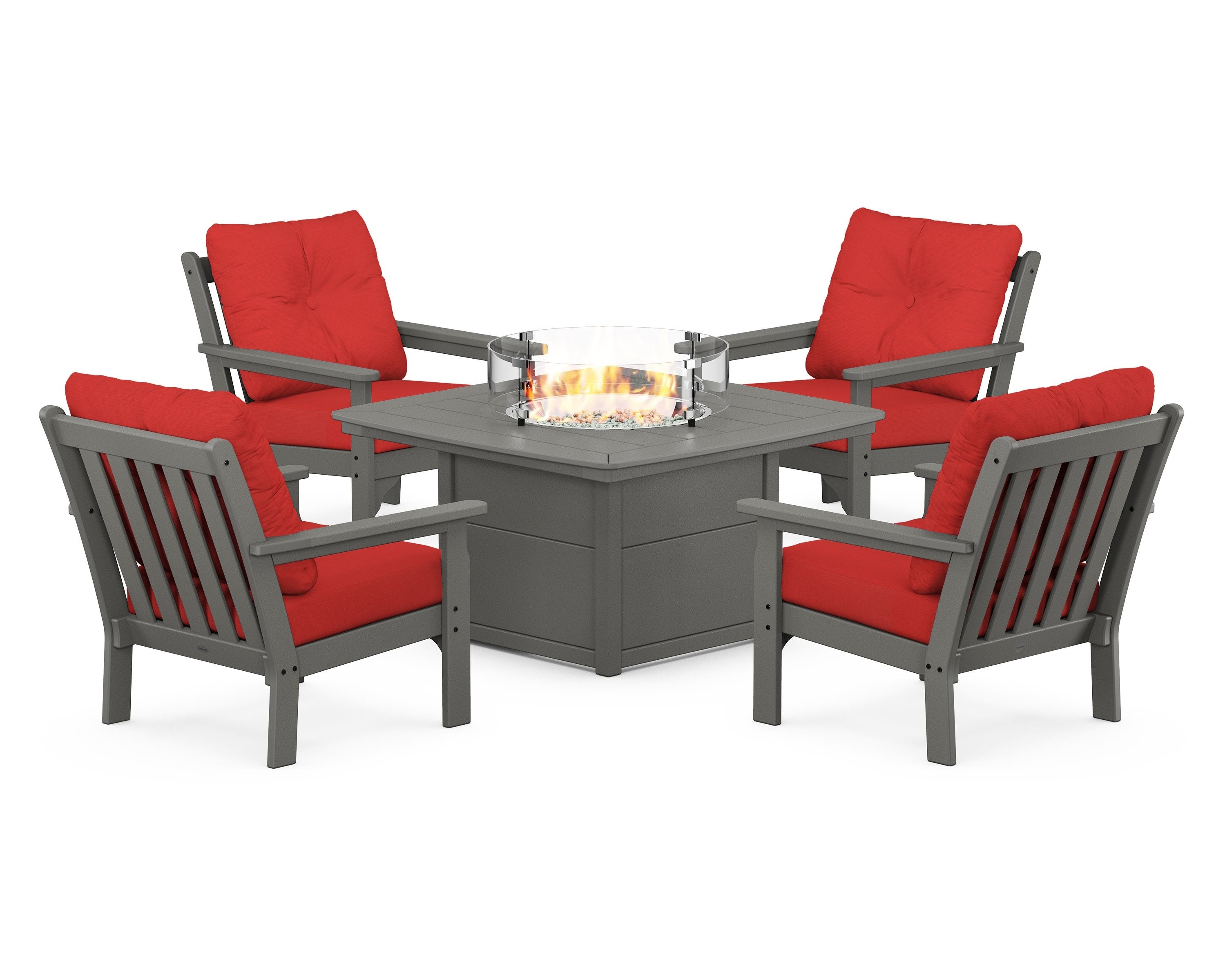 POLYWOOD® Vineyard 5-Piece Conversation Set with Fire Pit Table in Slate Grey / Crimson Linen