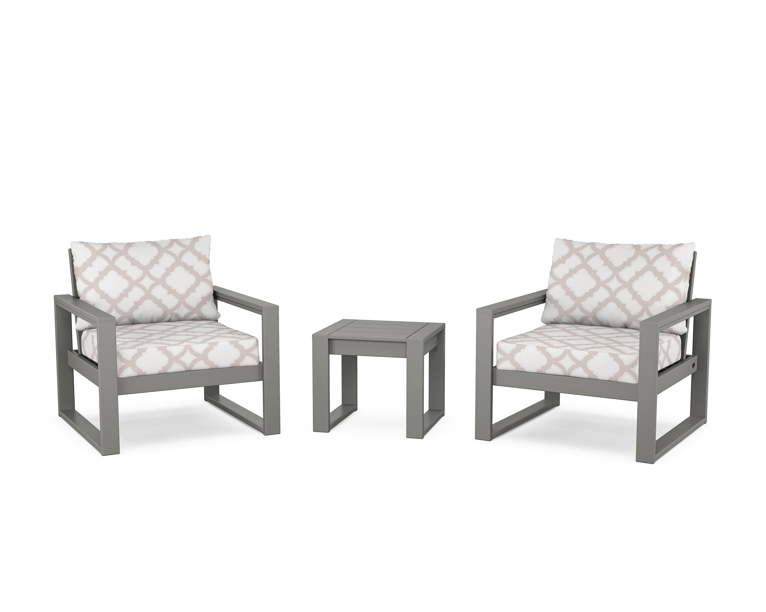 POLYWOOD® EDGE Sectional 3-Piece Deep Seating Set in Slate Grey / Trellis Dune Burlap