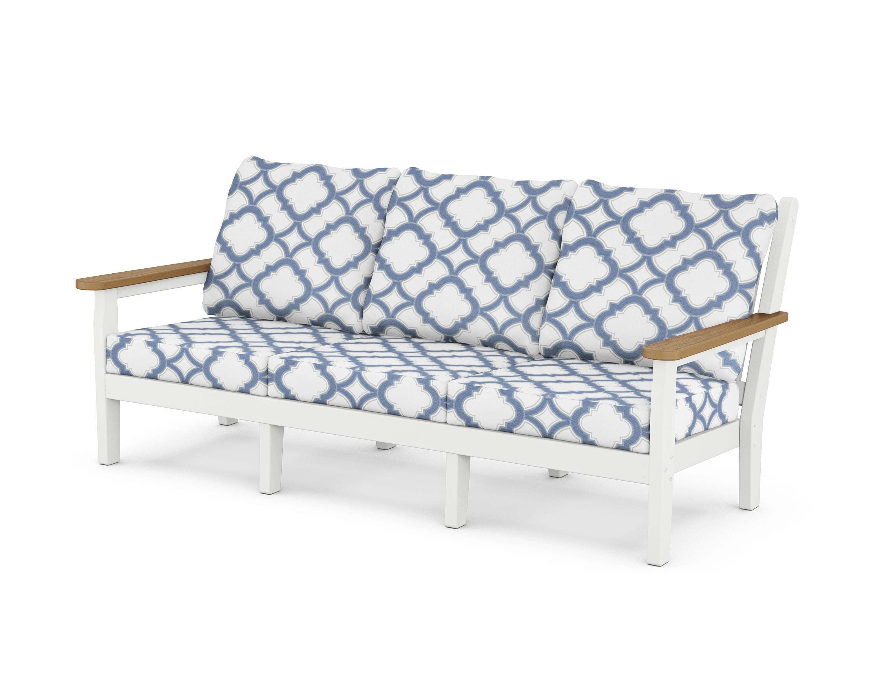 POLYWOOD® Chippendale Deep Seating Sofa in White / Natural / Trellis Sky Blue