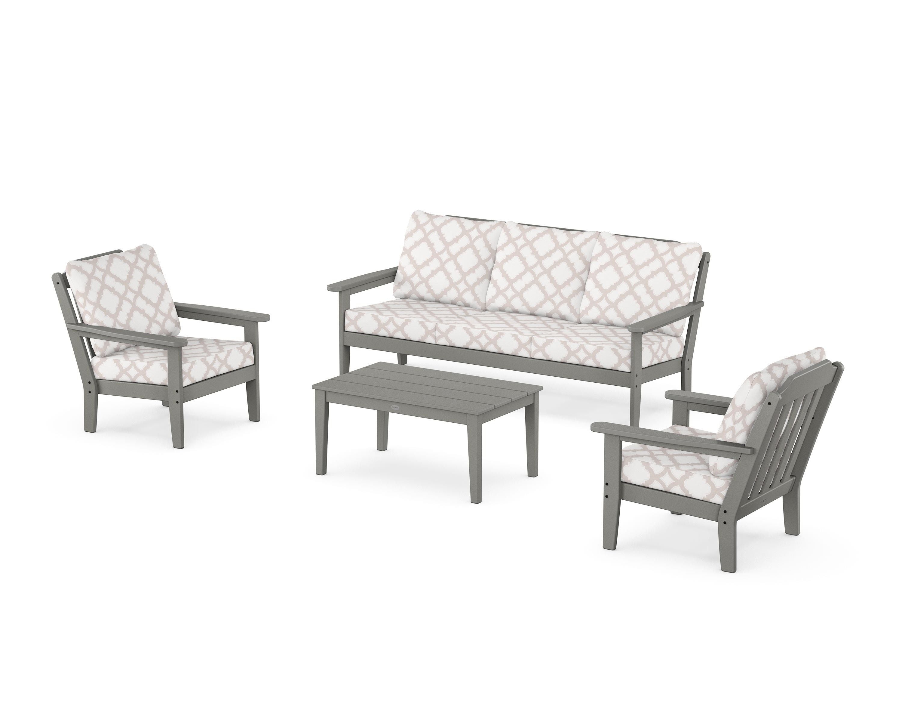 Country Living Cottage 4-Piece Deep Seating Set with Sofa in Slate Grey / Trellis Dune Burlap