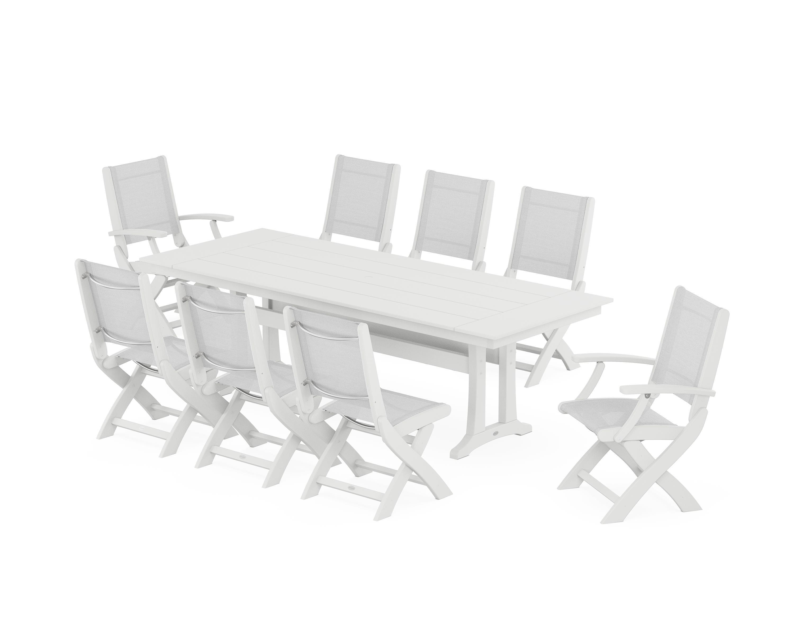 POLYWOOD® Coastal 9-Piece Folding Dining Chair Farmhouse Dining Set with Trestle Legs in White / White Sling