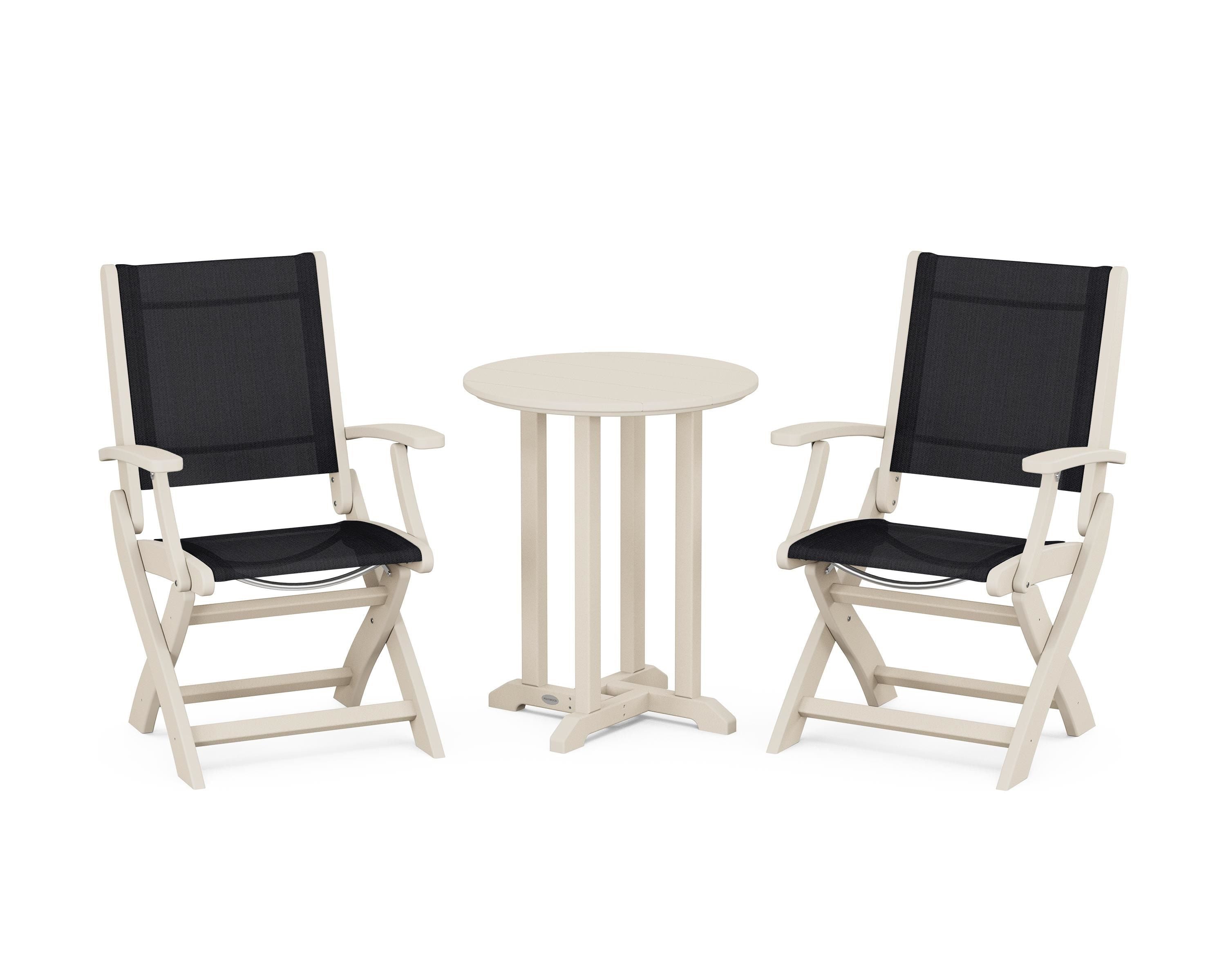 POLYWOOD® Coastal Folding 3-Piece Round Bistro Dining Set in Sand / Black Sling