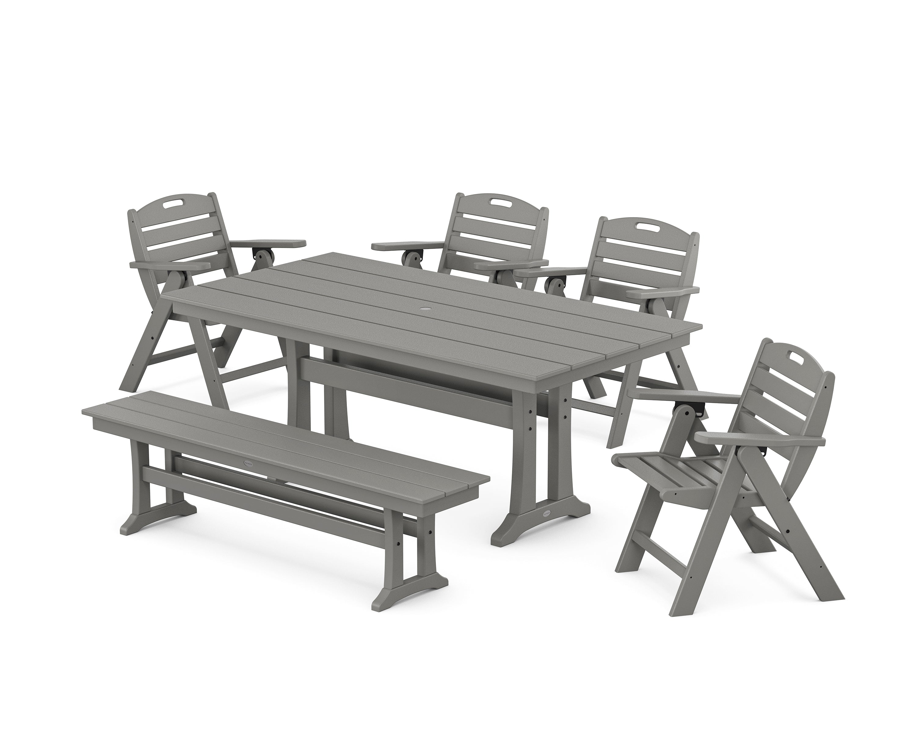 POLYWOOD® Nautical Lowback 6-Piece Farmhouse Dining Set with Trestle Legs and Bench in Slate Grey