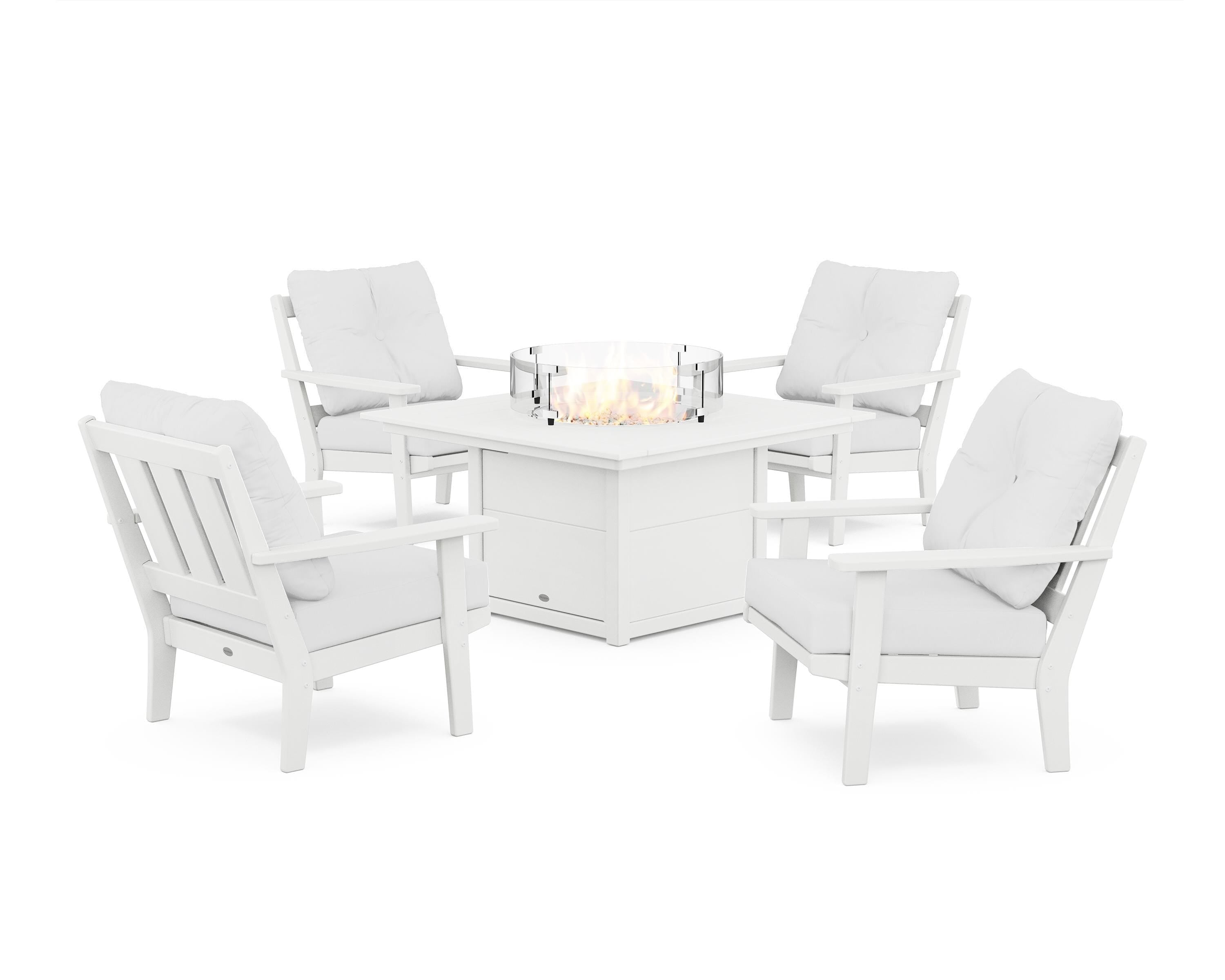 POLYWOOD® Oxford 5-Piece Deep Seating Set with Fire Pit Table in White / Natural