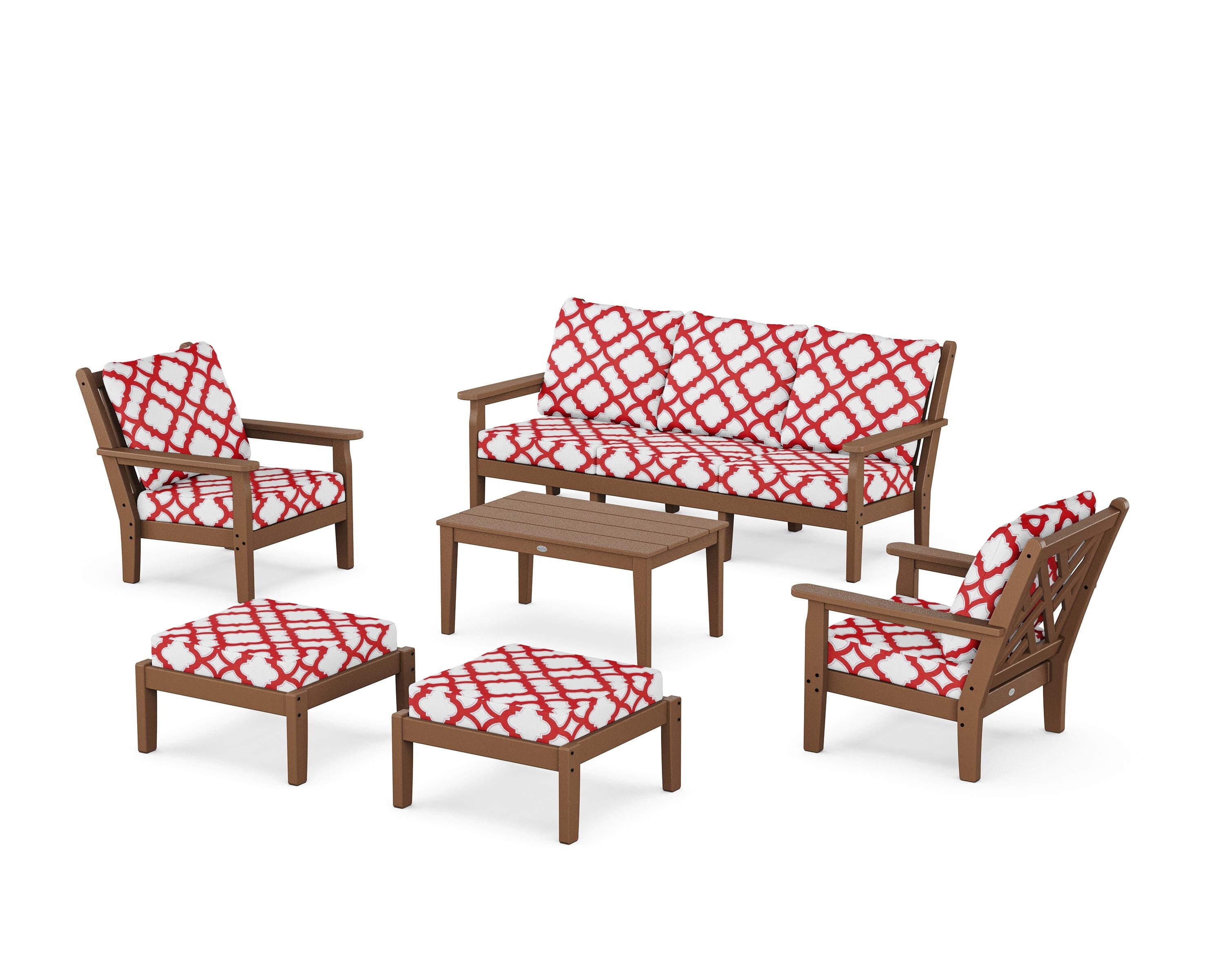 POLYWOOD® Chippendale 6-Piece Lounge Sofa Set in Teak / Trellis Crimson