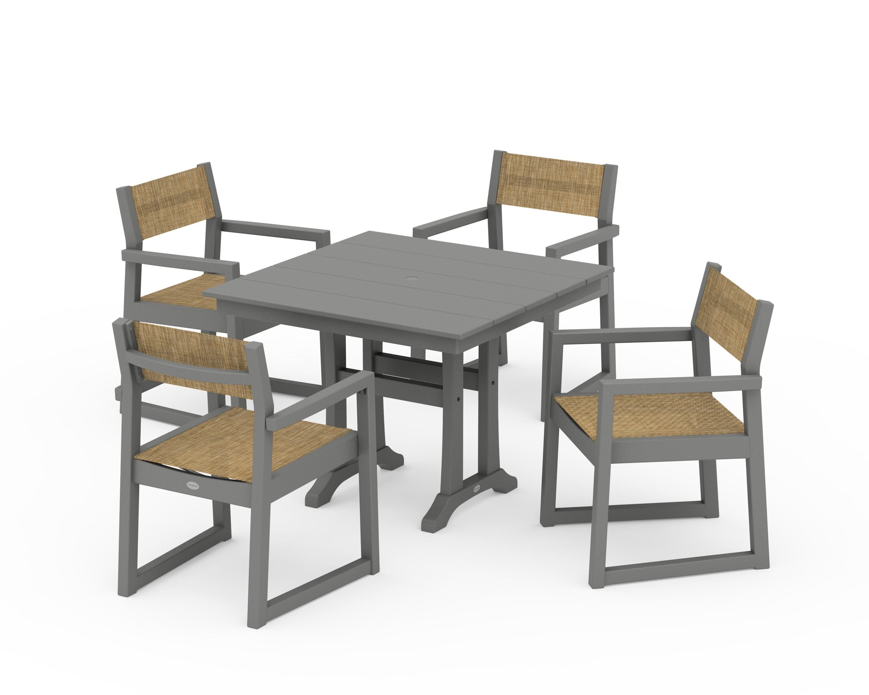 POLYWOOD® EDGE Sling 5-Piece Farmhouse Dining Set with Trestle Legs in Slate Grey / Burlap Sling