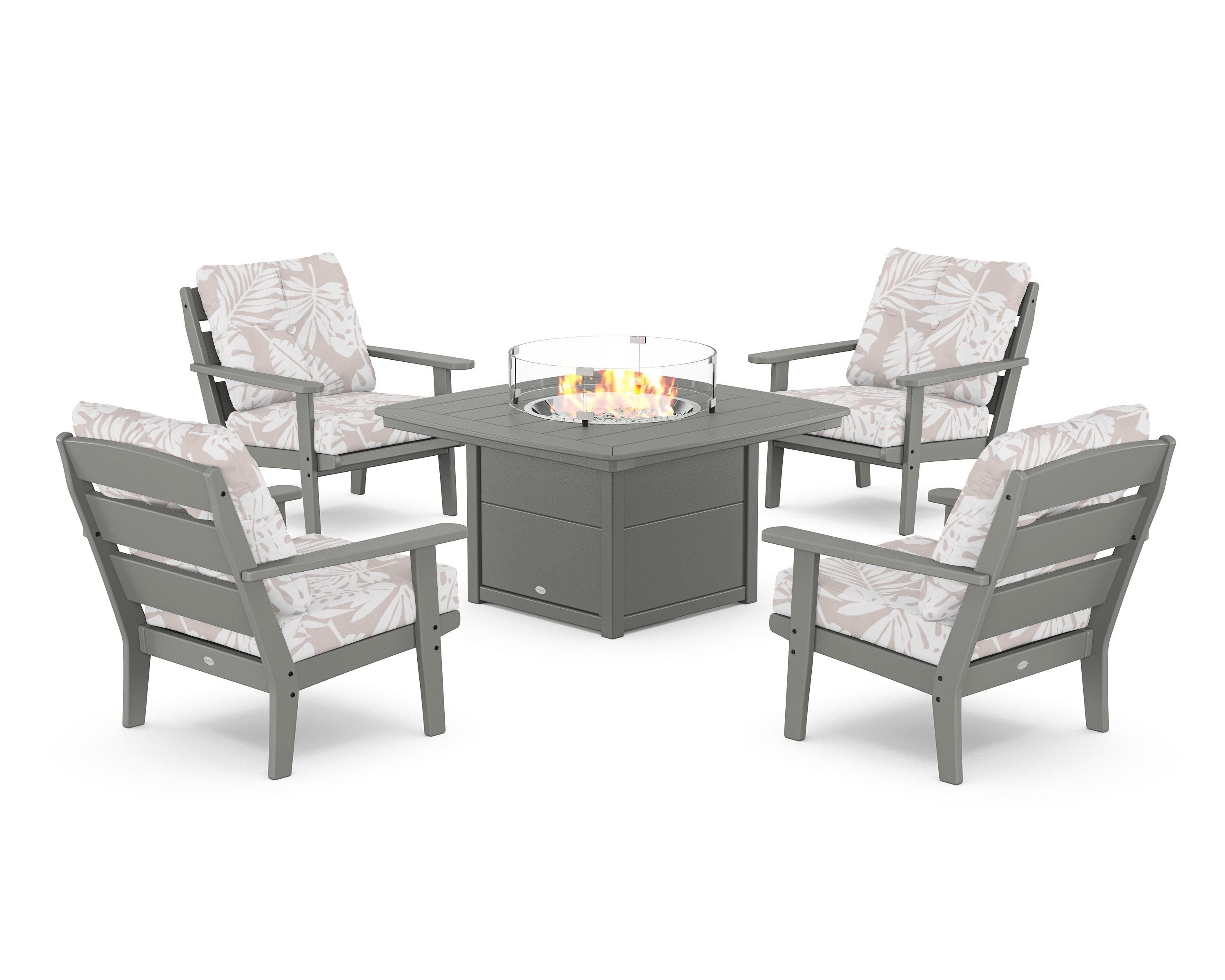 POLYWOOD® Lakeside 5-Piece Deep Seating Set with Nautical Fire Pit Table in Slate Grey / Leaf Dune Burlap