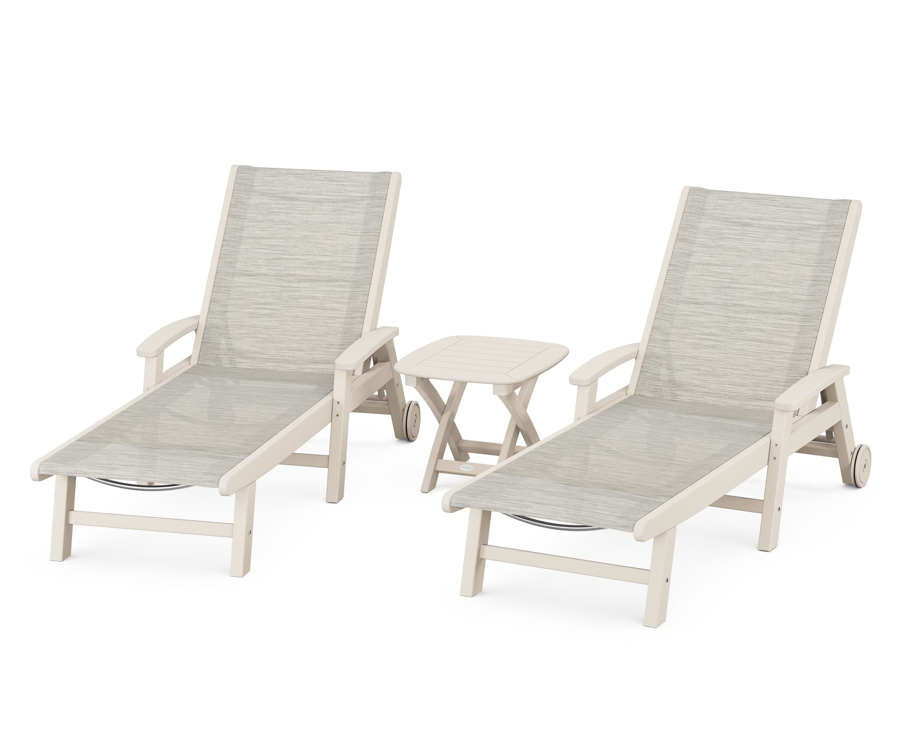 POLYWOOD® Coastal 3-Piece Wheeled Chaise Set in Sand / Birch Sling