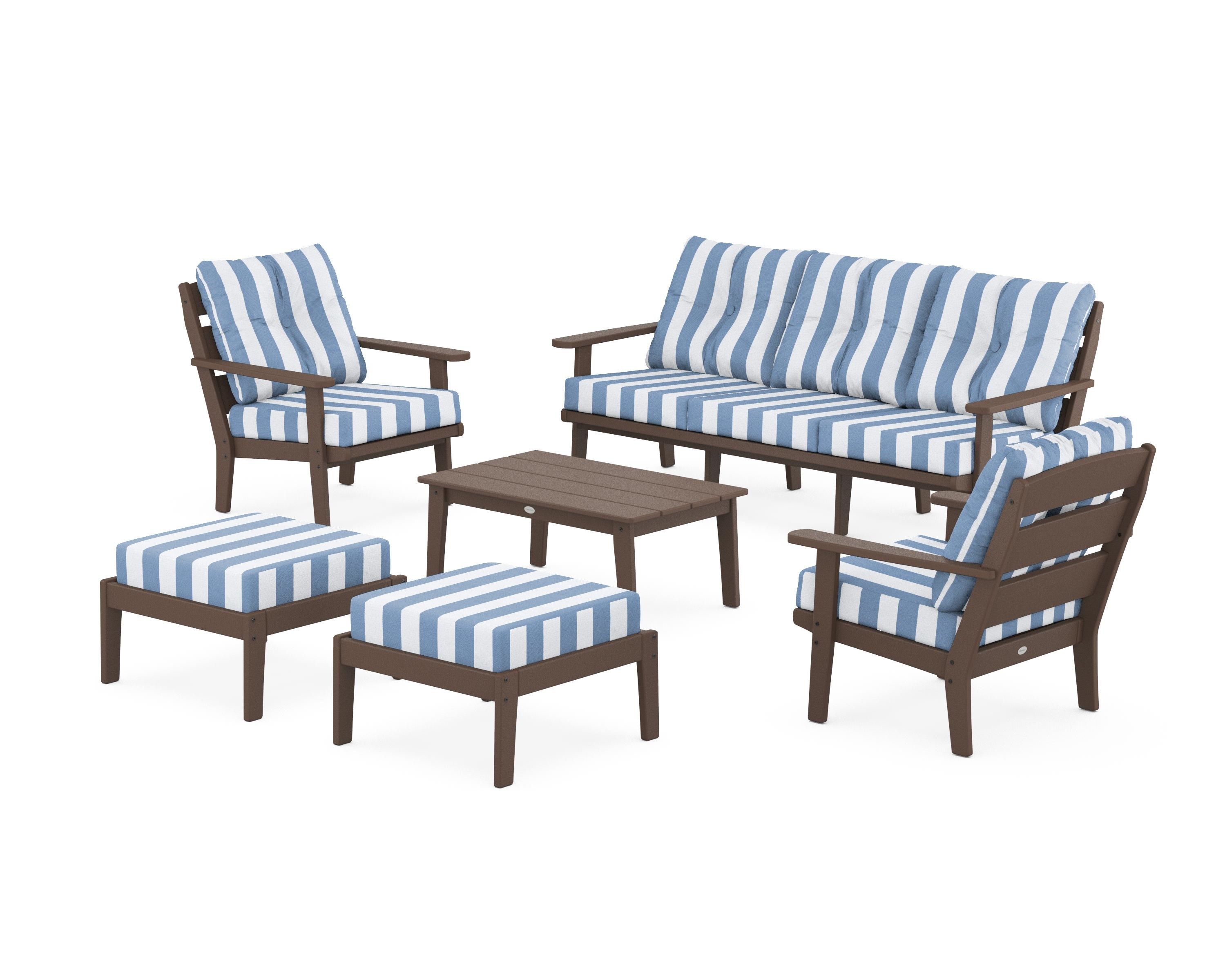 POLYWOOD® Lakeside 6-Piece Lounge Sofa Set in Mahogany / Cabana Stripe Sky Blue