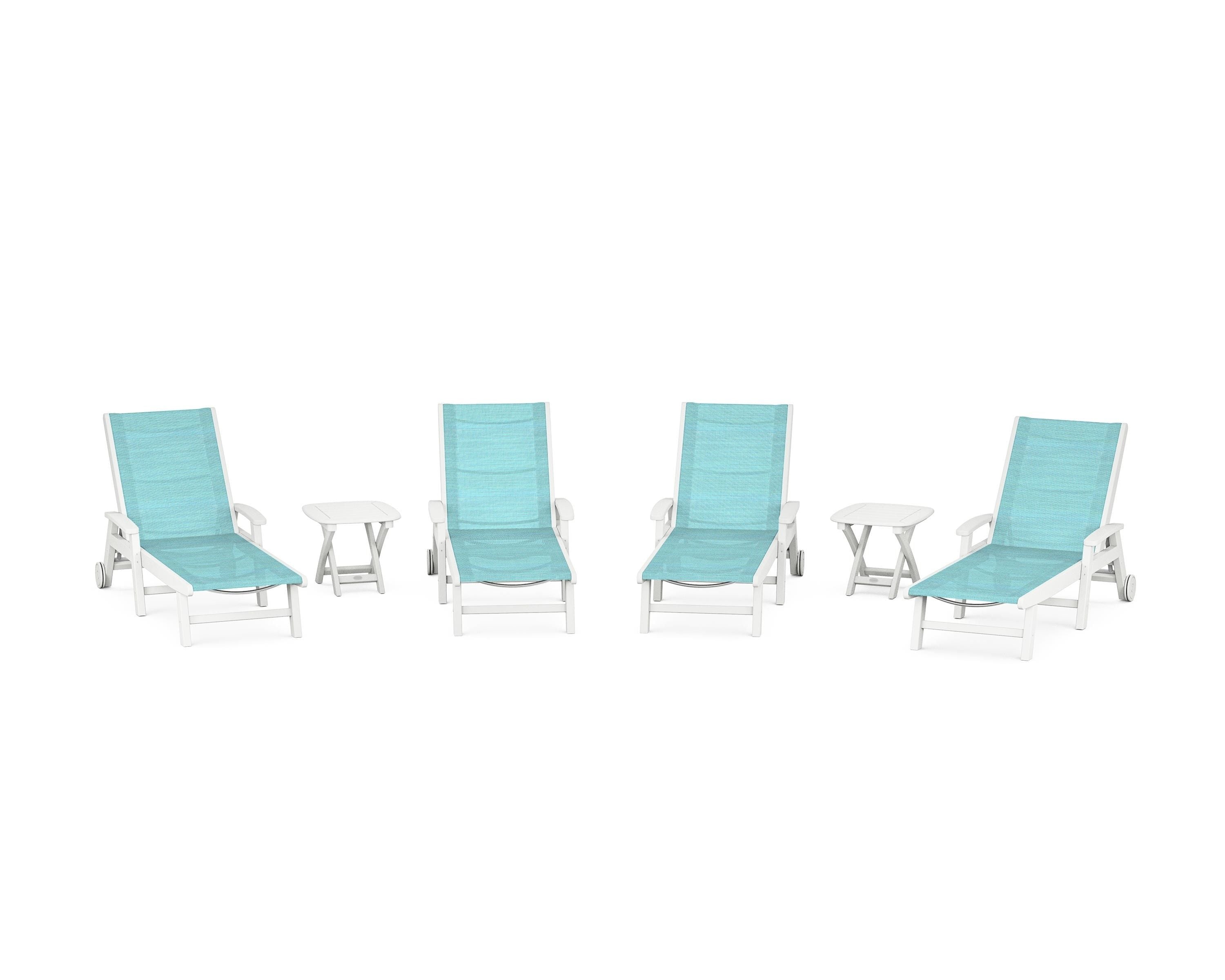 POLYWOOD® Coastal Chaise 6-Piece Set with Wheels in White / Dupioni Aquamarine Sling