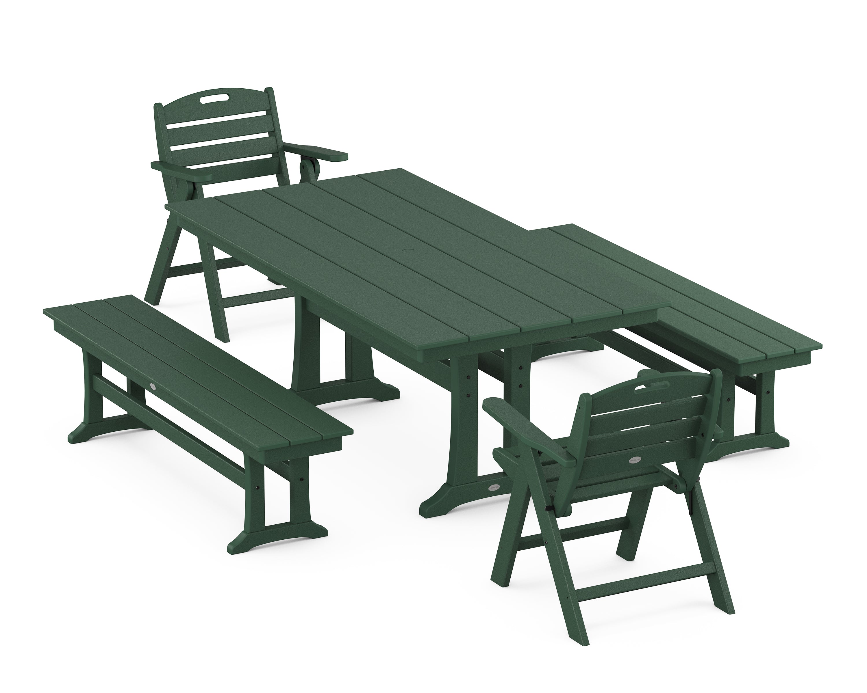 POLYWOOD® Nautical Folding Lowback Chair 5-Piece Farmhouse Dining Set With Trestle Legs in Green