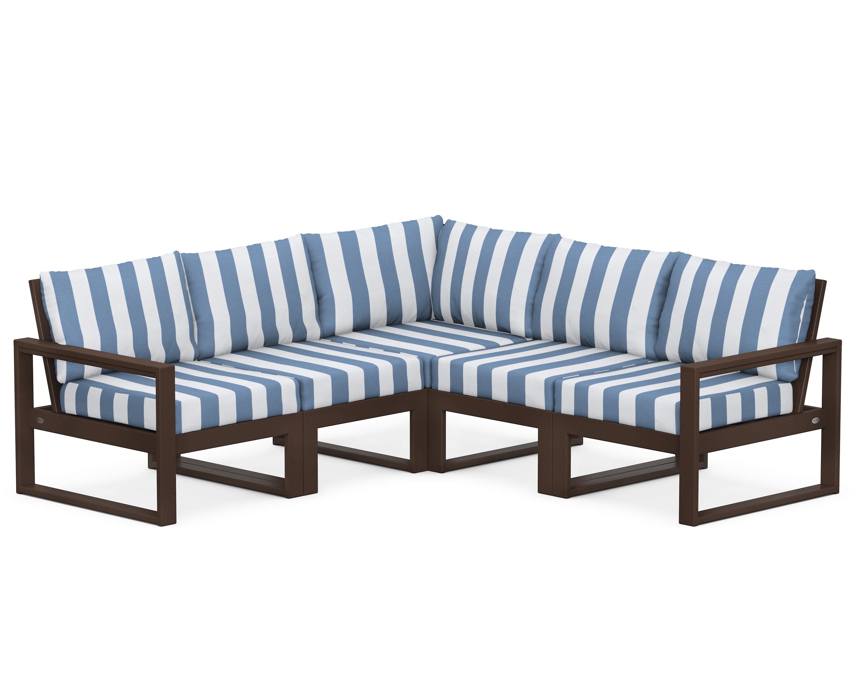 POLYWOOD® EDGE 5-Piece Modular Deep Seating Set in Mahogany / Cabana Stripe Sky Blue