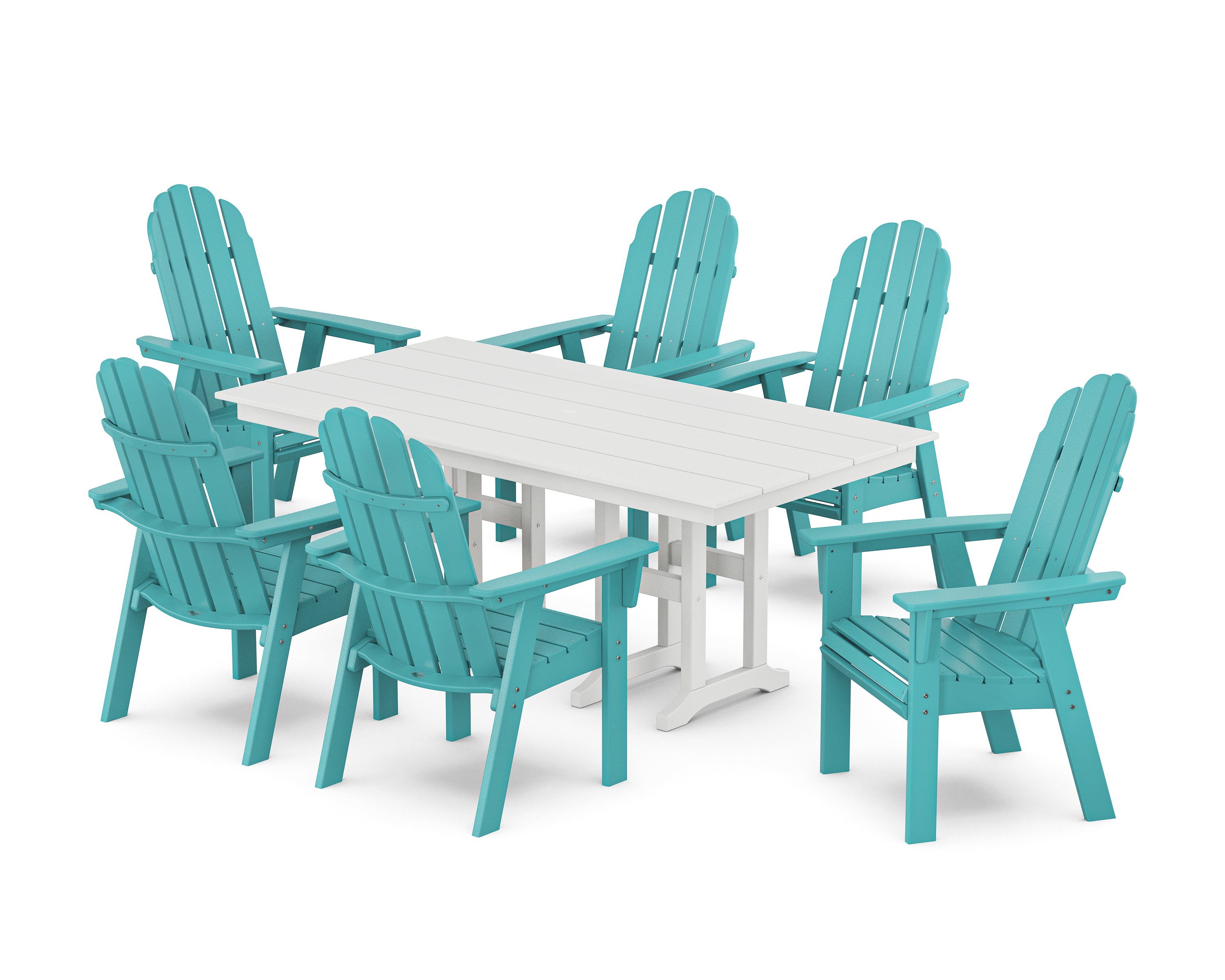 POLYWOOD® Vineyard Curveback Adirondack Chair 7-Piece Farmhouse Dining Set in Aruba / White