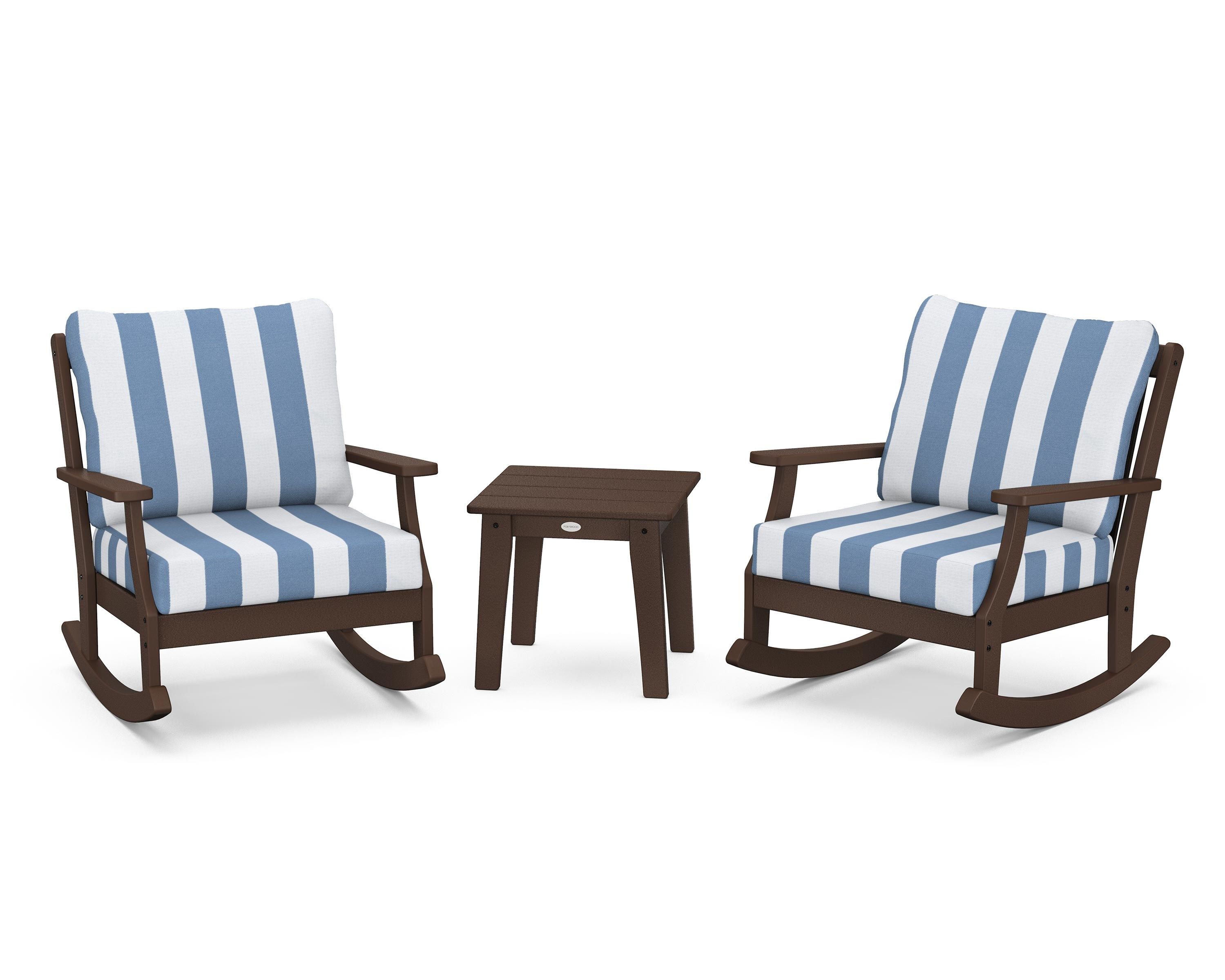 POLYWOOD® Braxton 3-Piece Deep Seating Rocker Set in Mahogany / Cabana Stripe Sky Blue